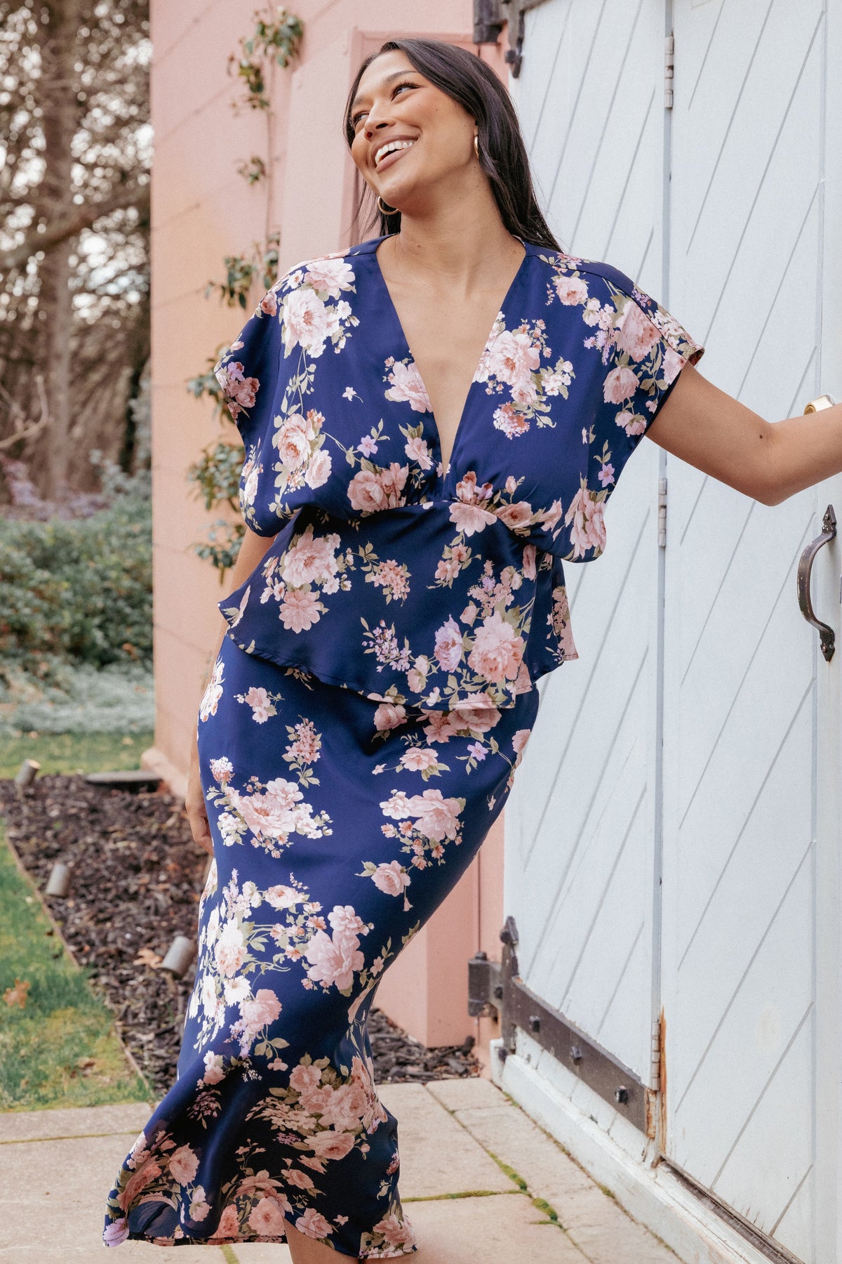 Kenna Satin Midi Skirt in Navy Floral – view 7 of 7