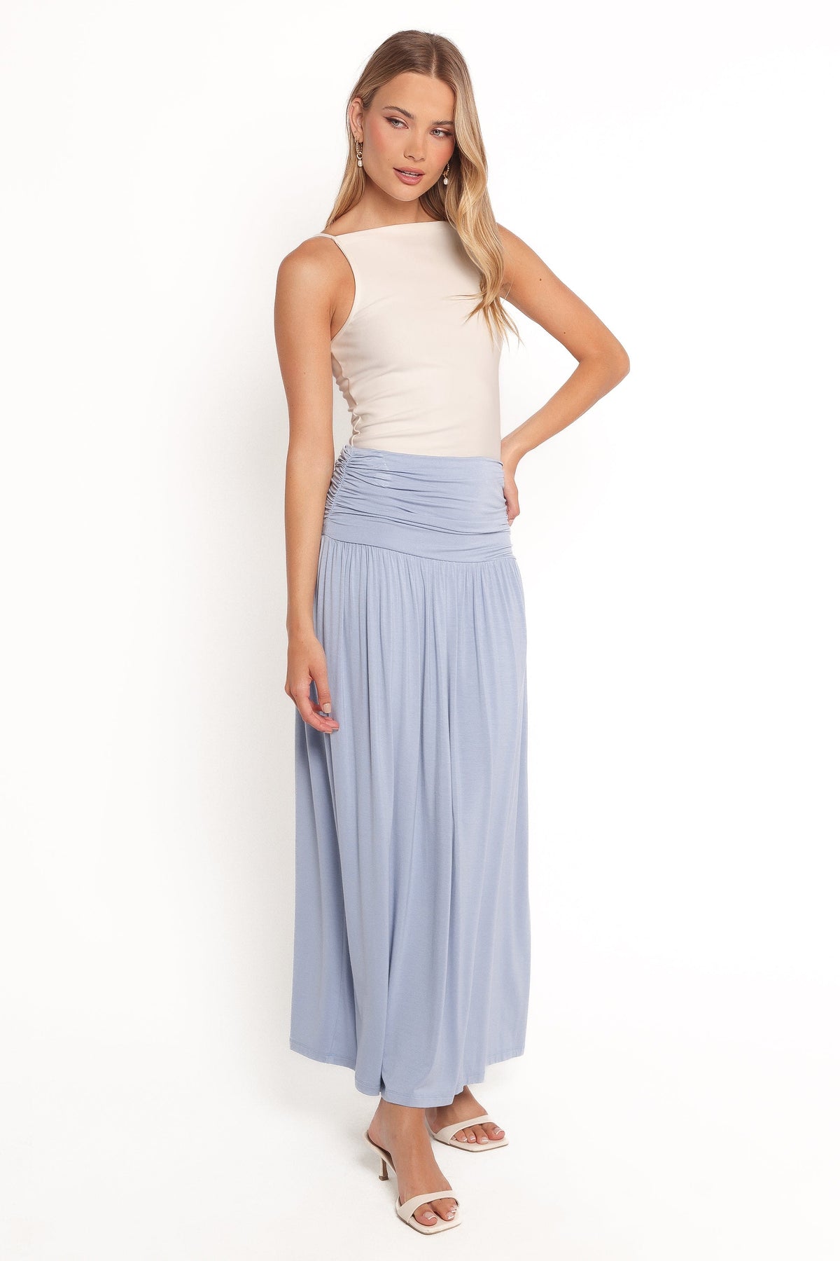 Lavia Ruched Knit Maxi Skirt in Soft Blue – view 5 of 6