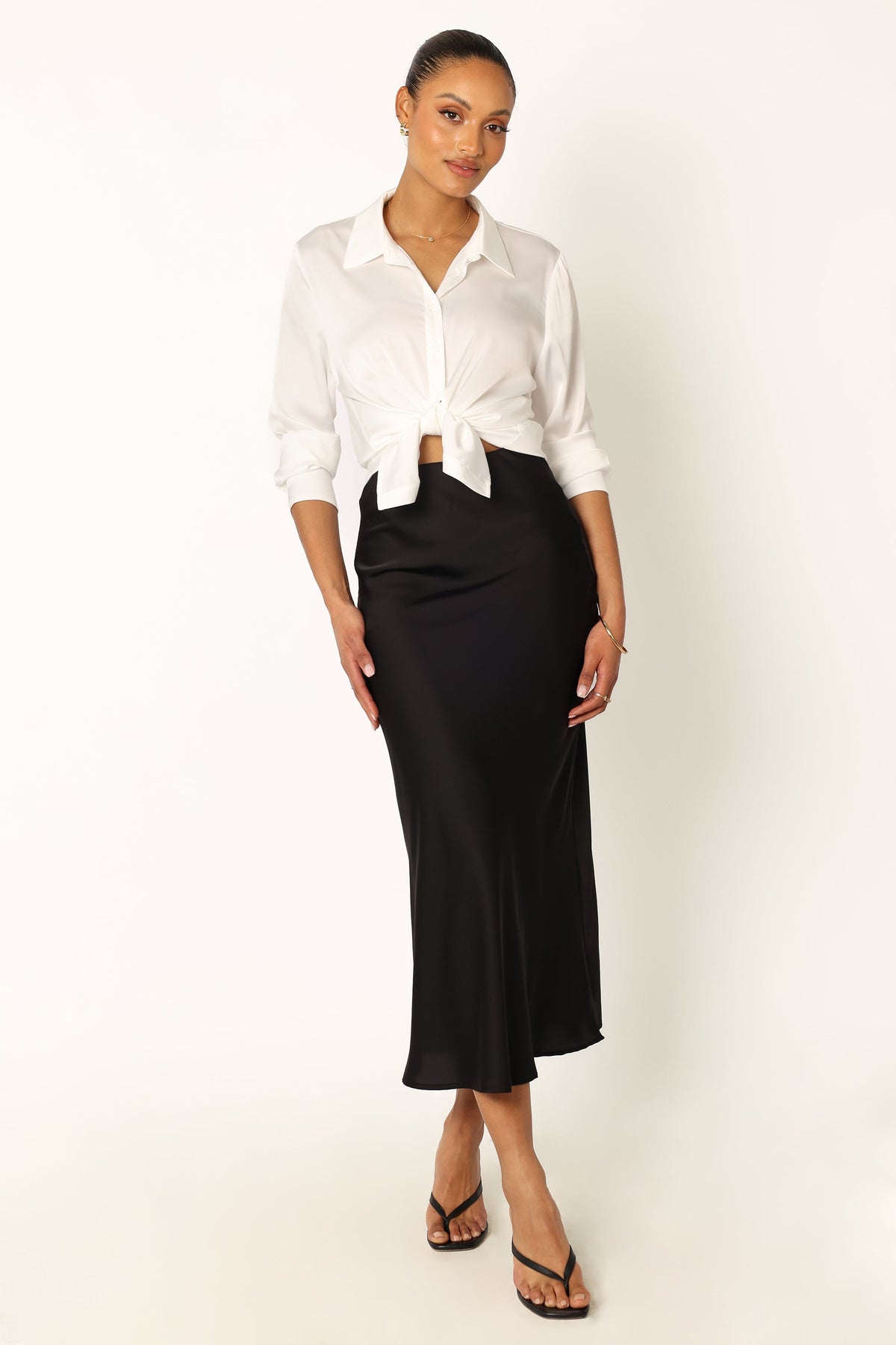 Nellie Satin Midi Skirt in Black – view 1 of 9