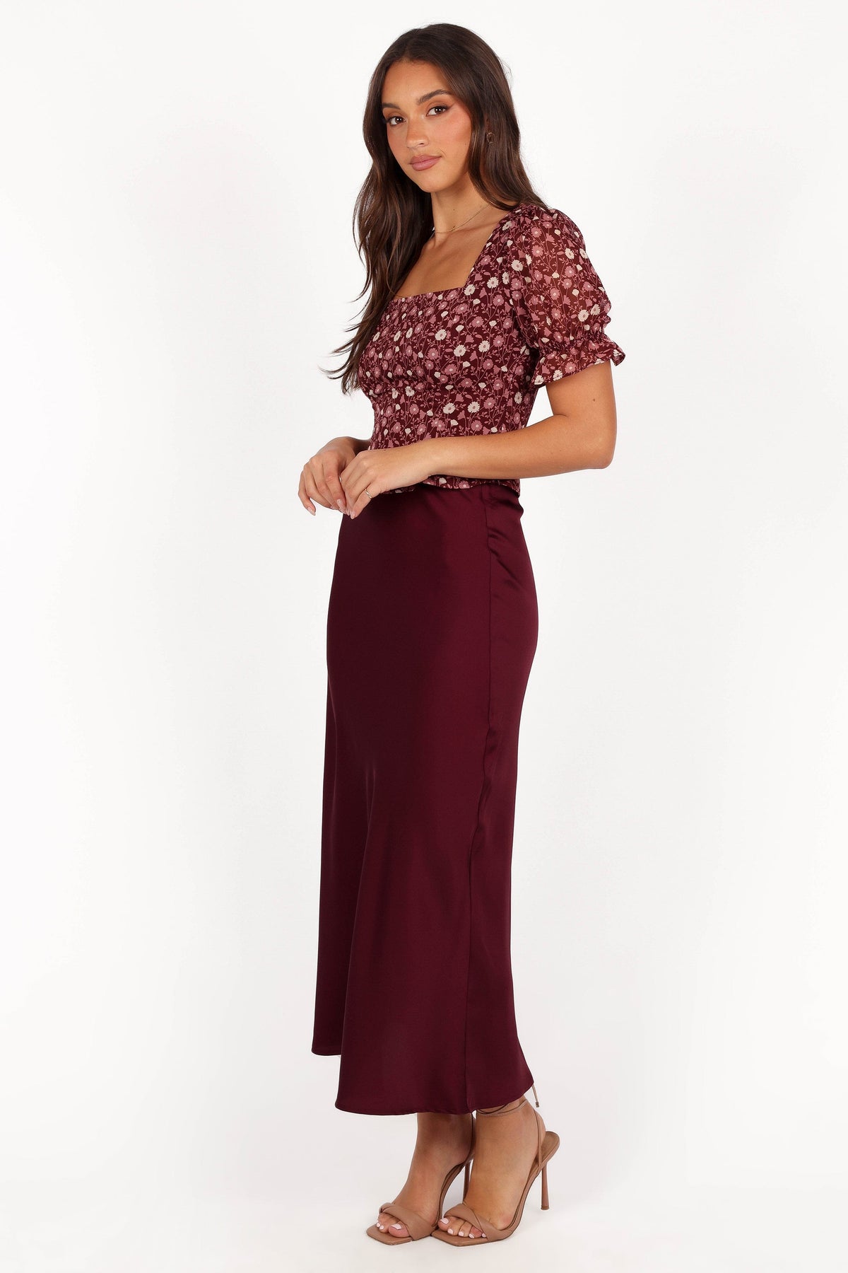 Nellie Satin Midi Skirt in Burgundy – view 3 of 6