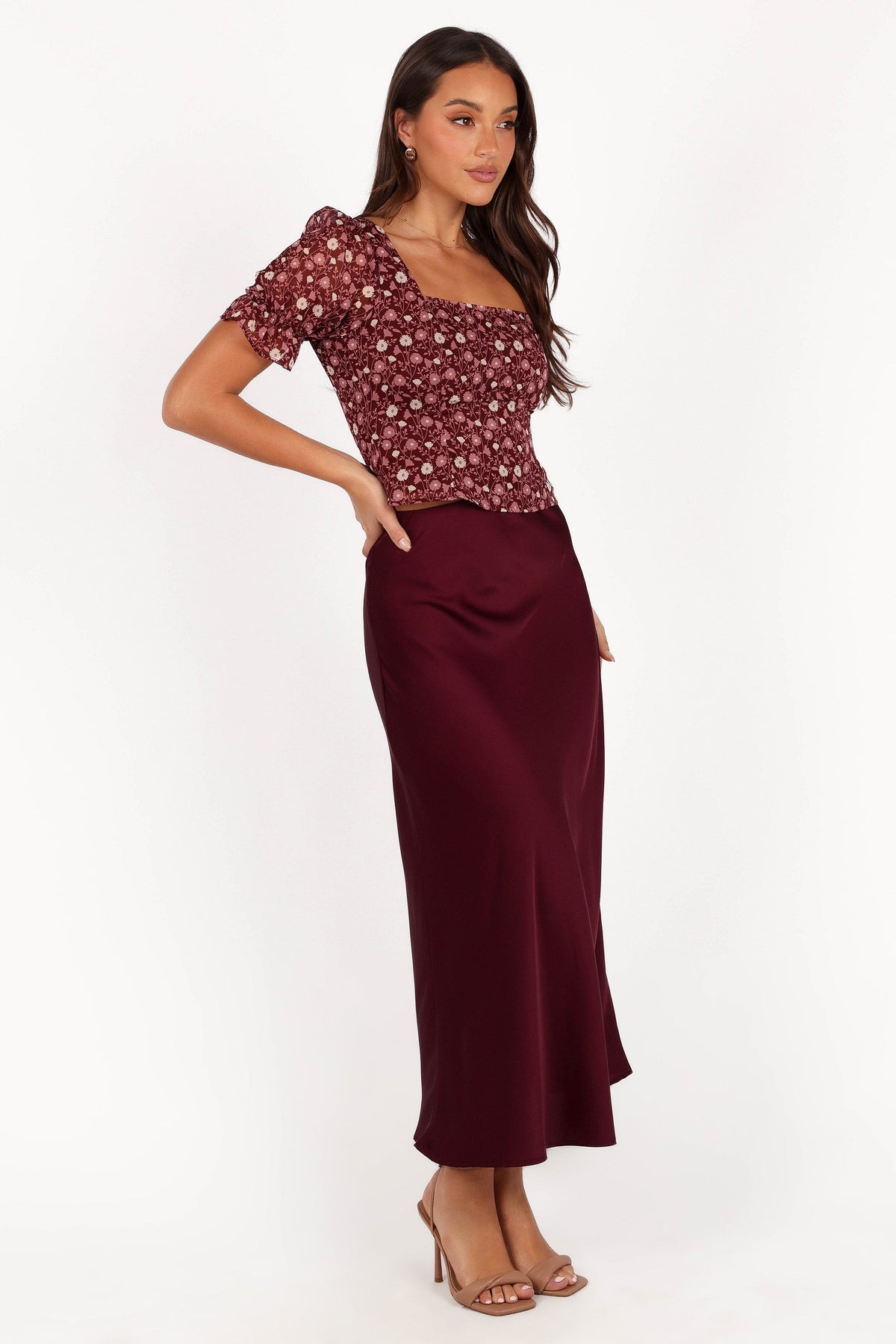 Nellie Satin Midi Skirt in Burgundy – view 5 of 6