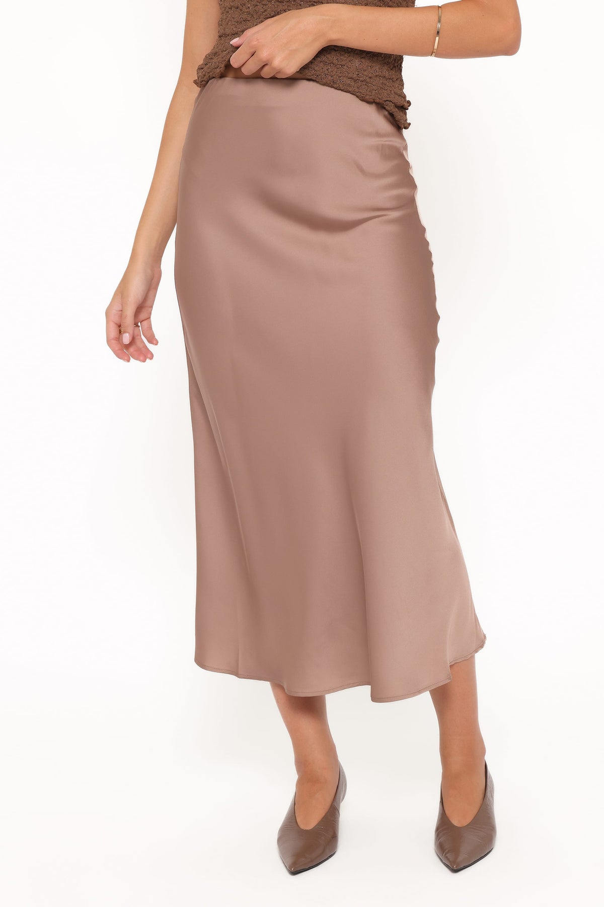 Nellie Satin Midi Skirt in Mocha Brown – view 3 of 8