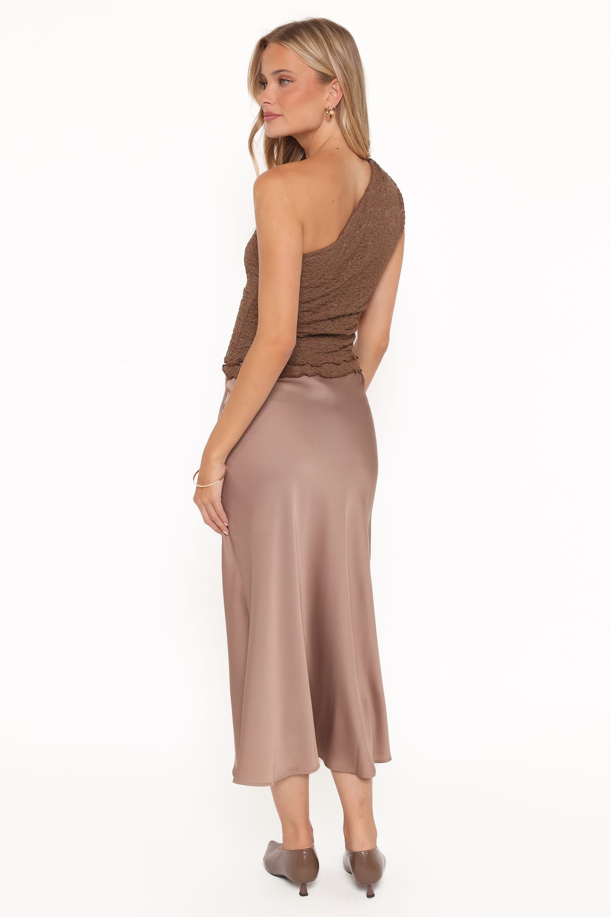 Nellie Satin Midi Skirt in Mocha Brown – view 5 of 8