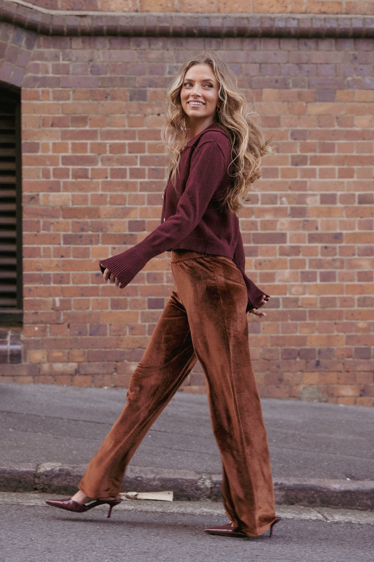 Riley Stretch Velvet Pant in Chocolate – view 1 of 7