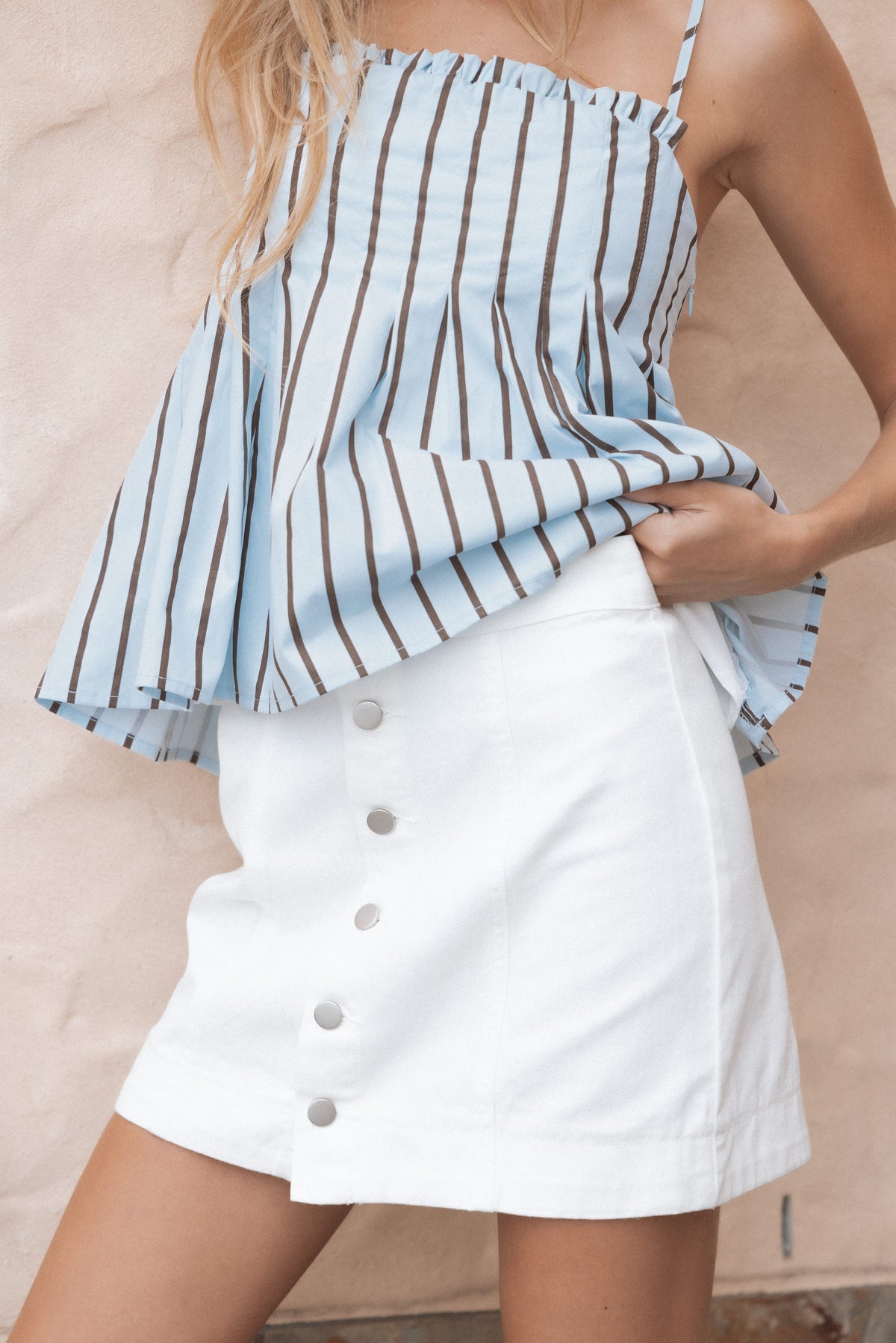 Sara Button Front Denim Mini Skirt in Off White – view 7 of 7