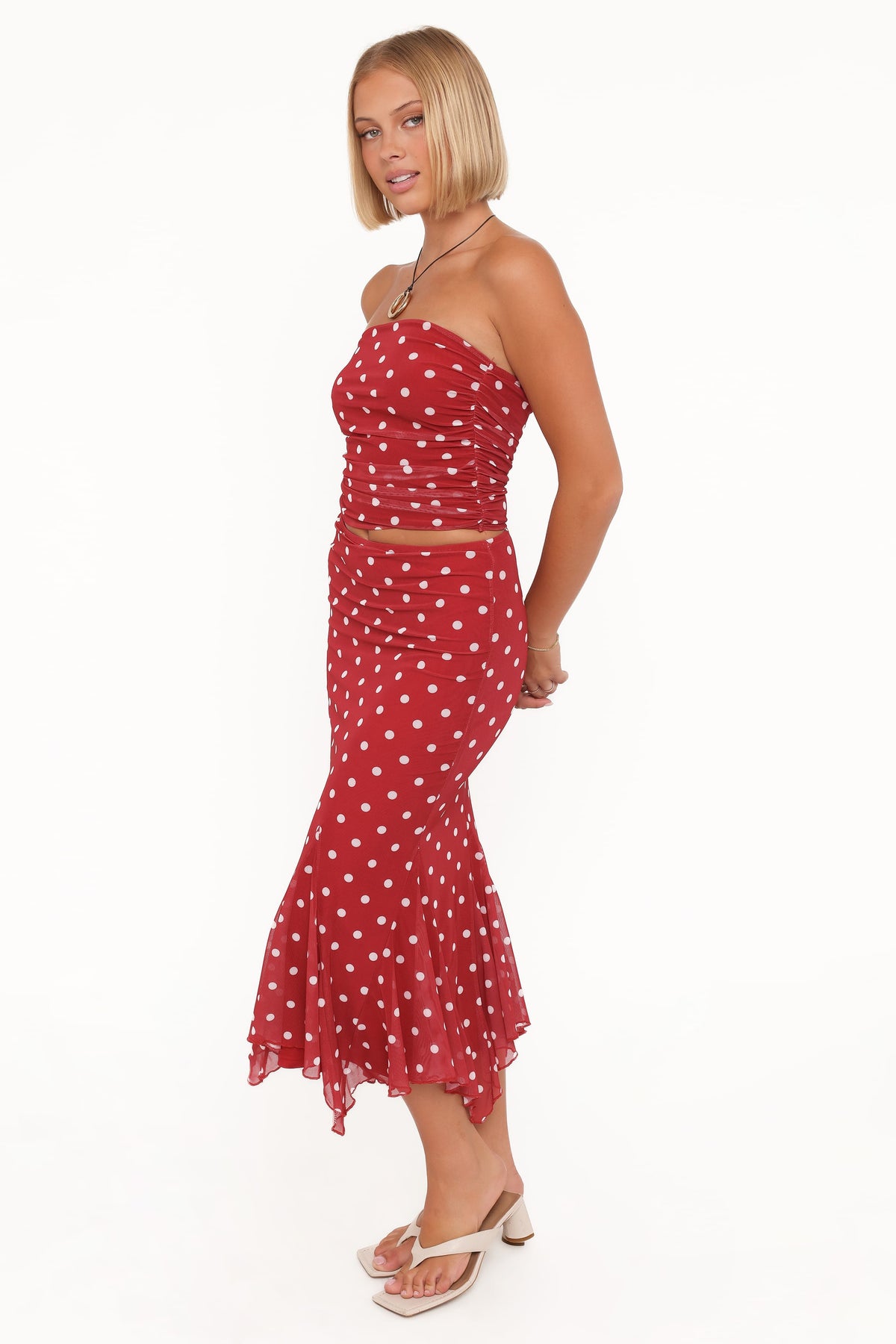 Tullia Mesh Midi Skirt in Red Polka Dot – view 3 of 5