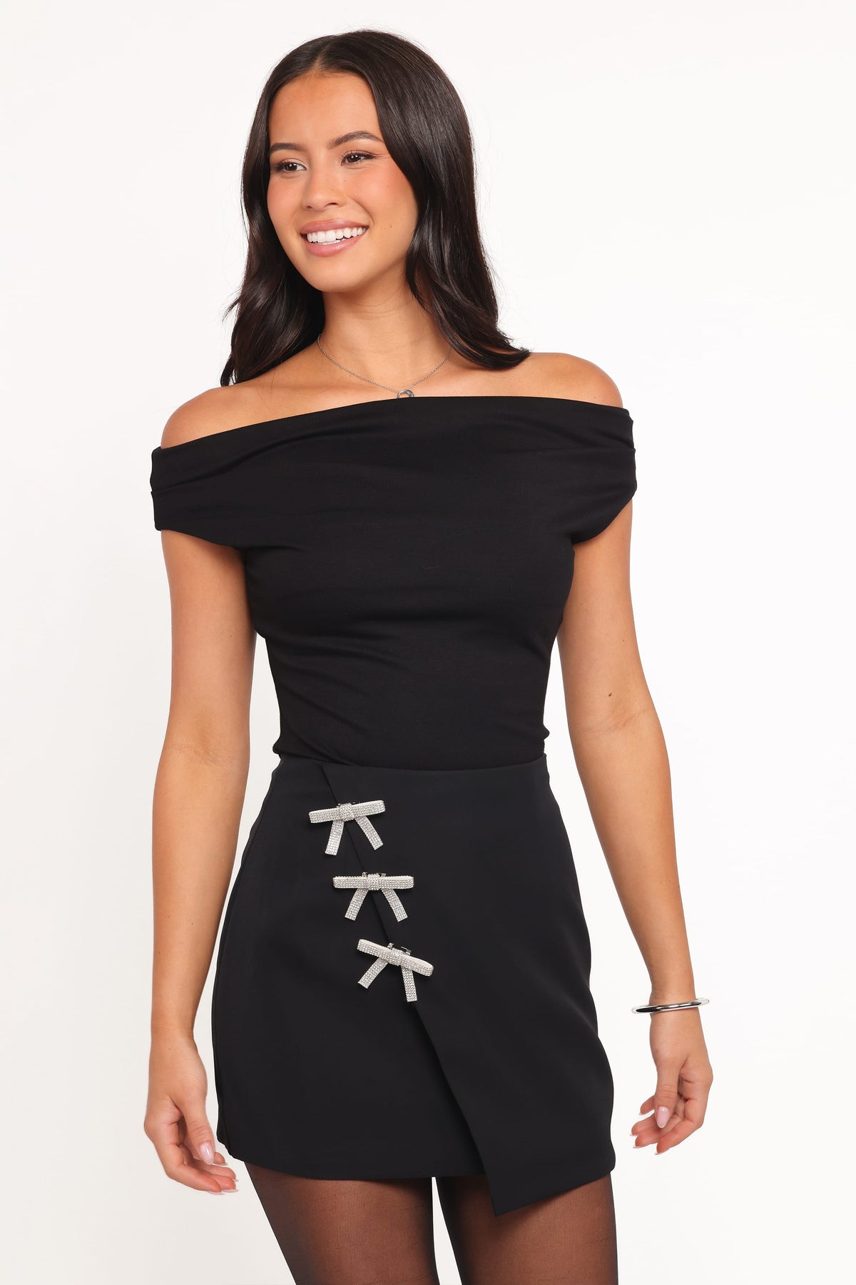 Tyra Mini Skirt With Embellished Bows in Black – view 1 of 7