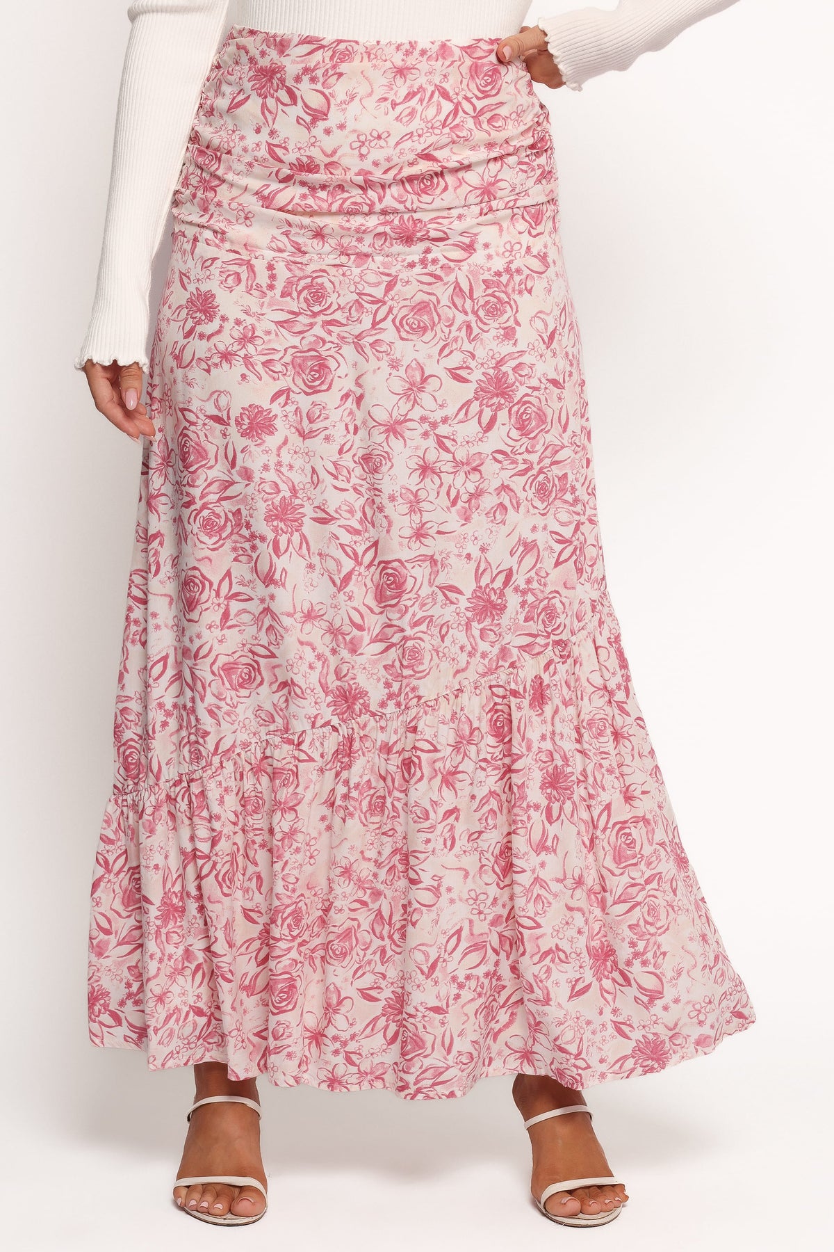 Velda Ruched Maxi Skirt in Pink Floral – view 5 of 7