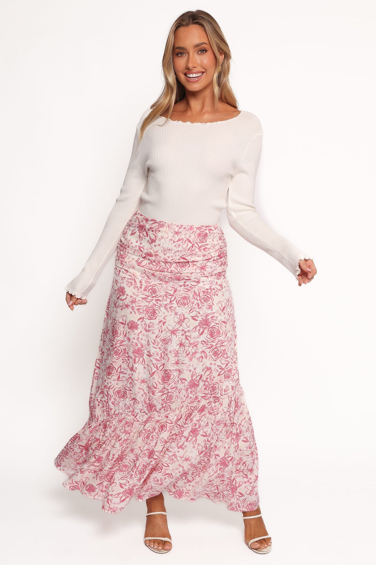 Velda Ruched Maxi Skirt in Pink Floral – view 6 of 7