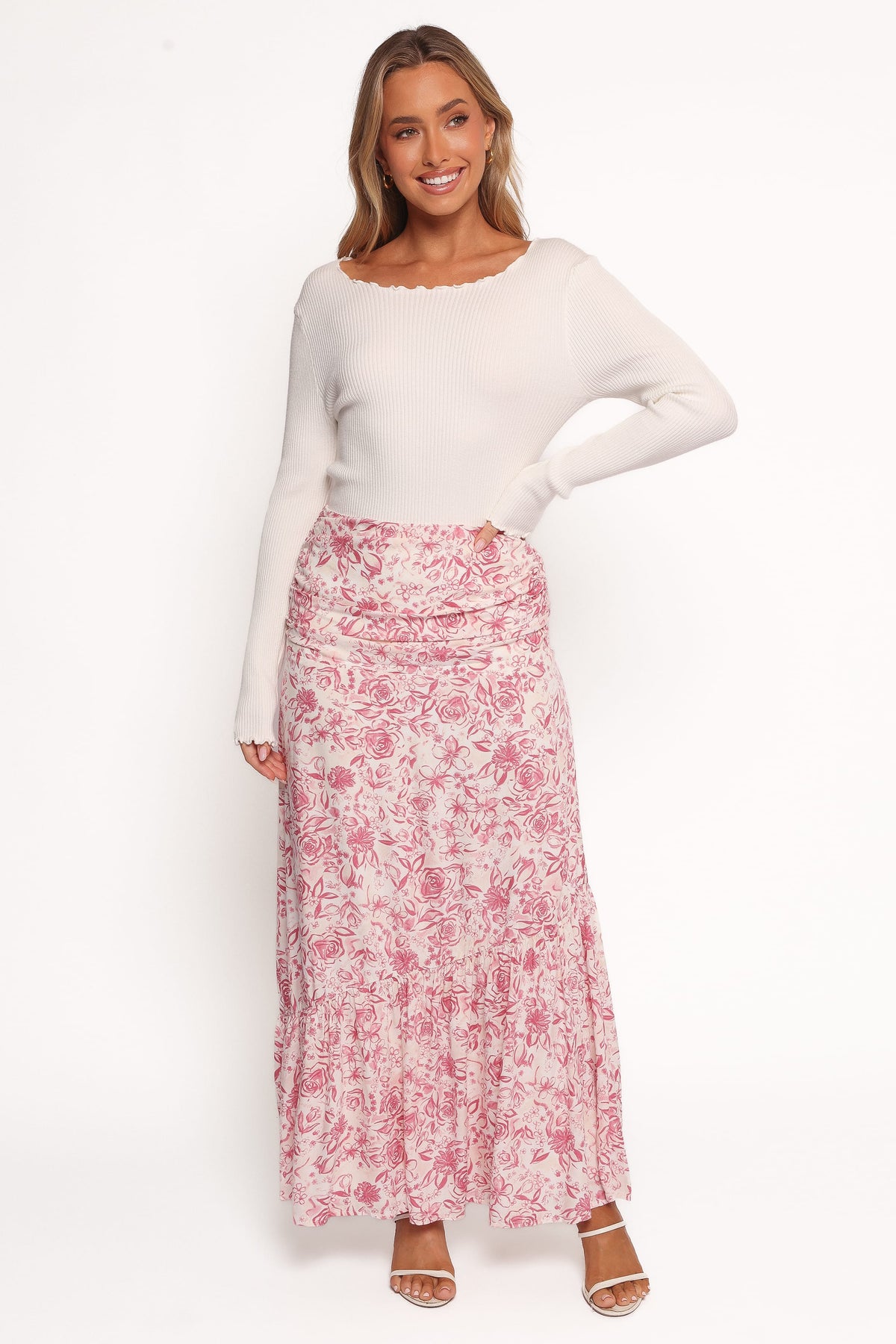 Velda Ruched Maxi Skirt in Pink Floral – view 2 of 7