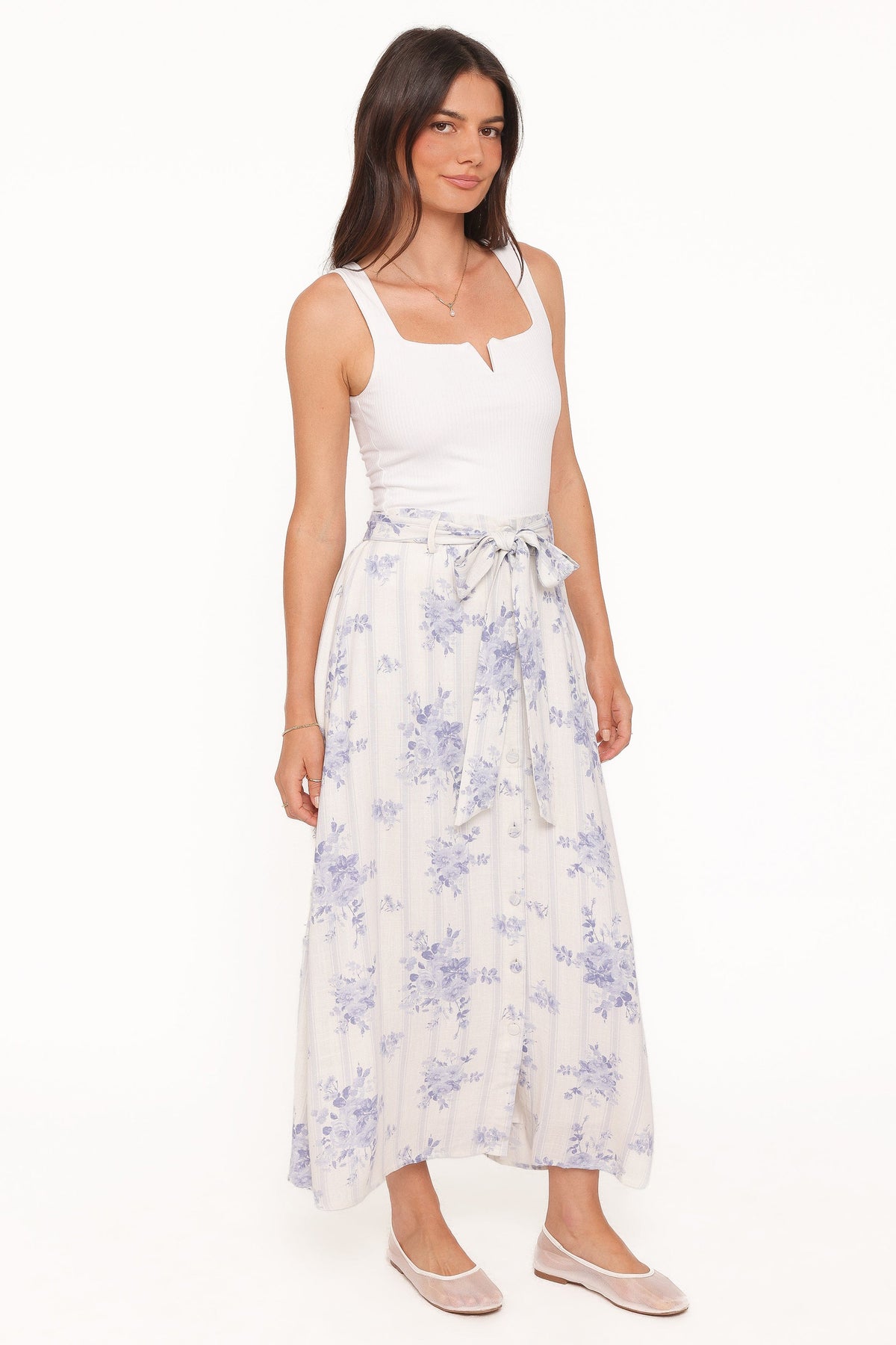 Xander Tie Waist Midi Skirt in Lilac Floral – view 3 of 5