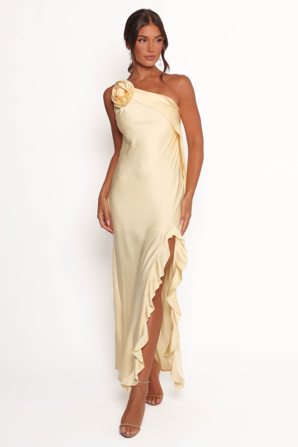 Aila Rosette One Shoulder Dress in Butter Yellow – view 2 of 9