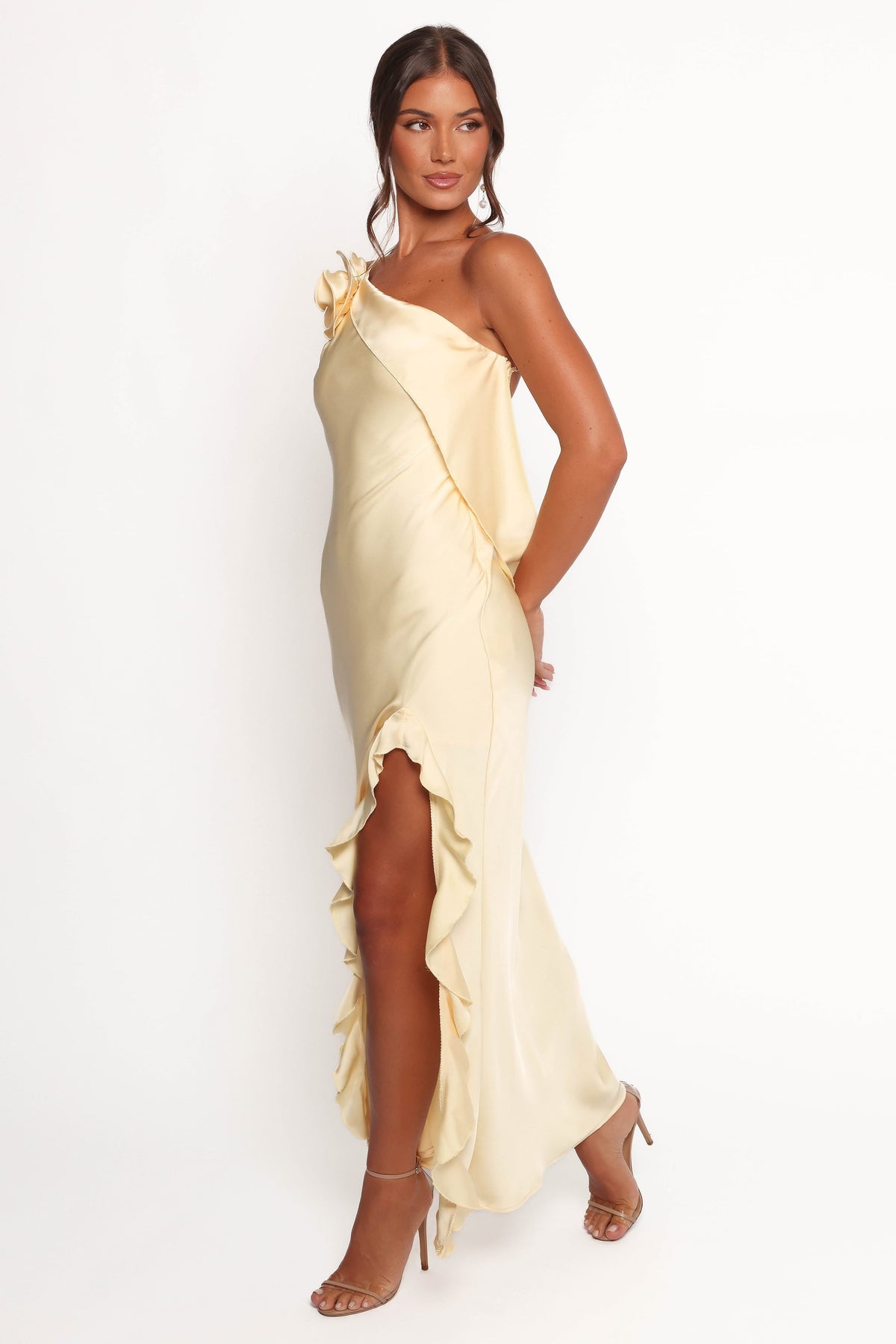 Aila Rosette One Shoulder Dress in Butter Yellow – view 4 of 9