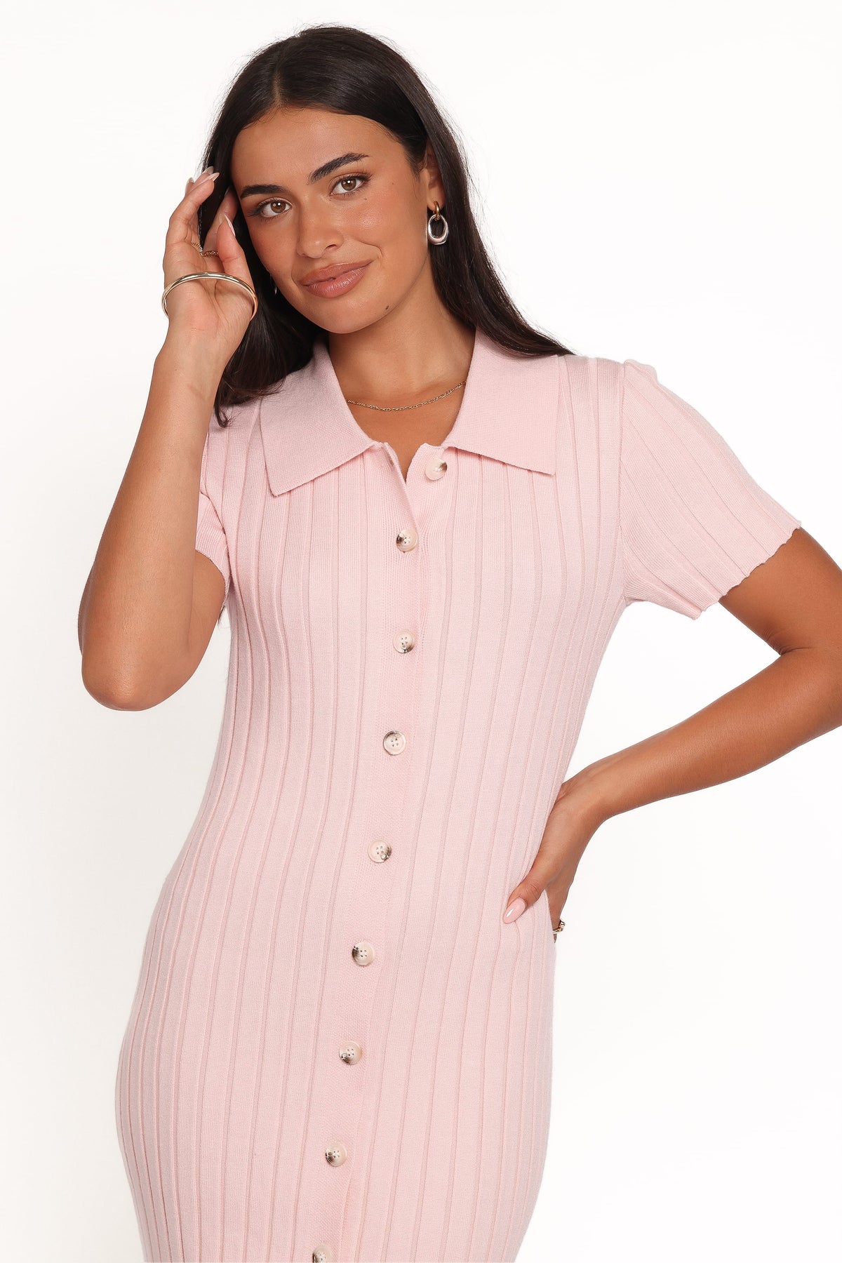 Aisha Short Sleeve Knit Midi Dress in Pink – view 2 of 6