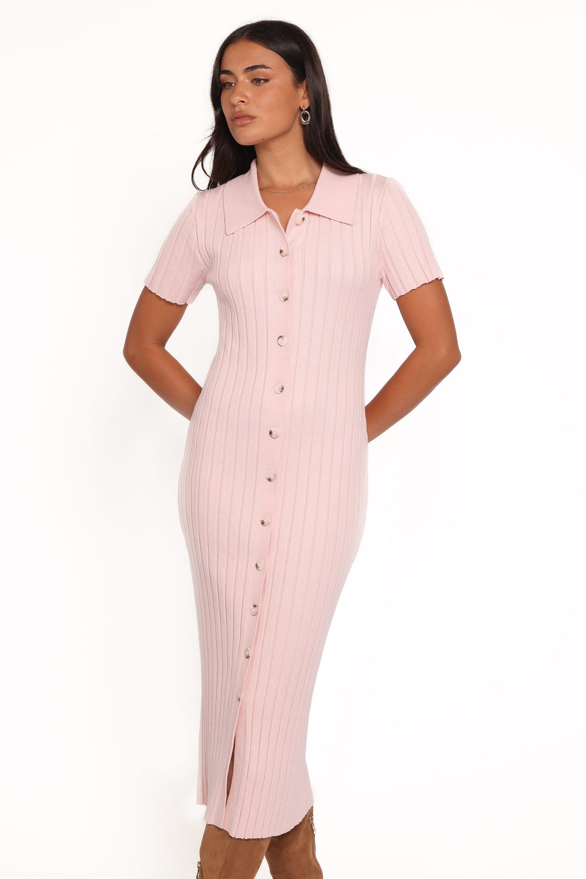 Aisha Short Sleeve Knit Midi Dress in Pink – view 1 of 6
