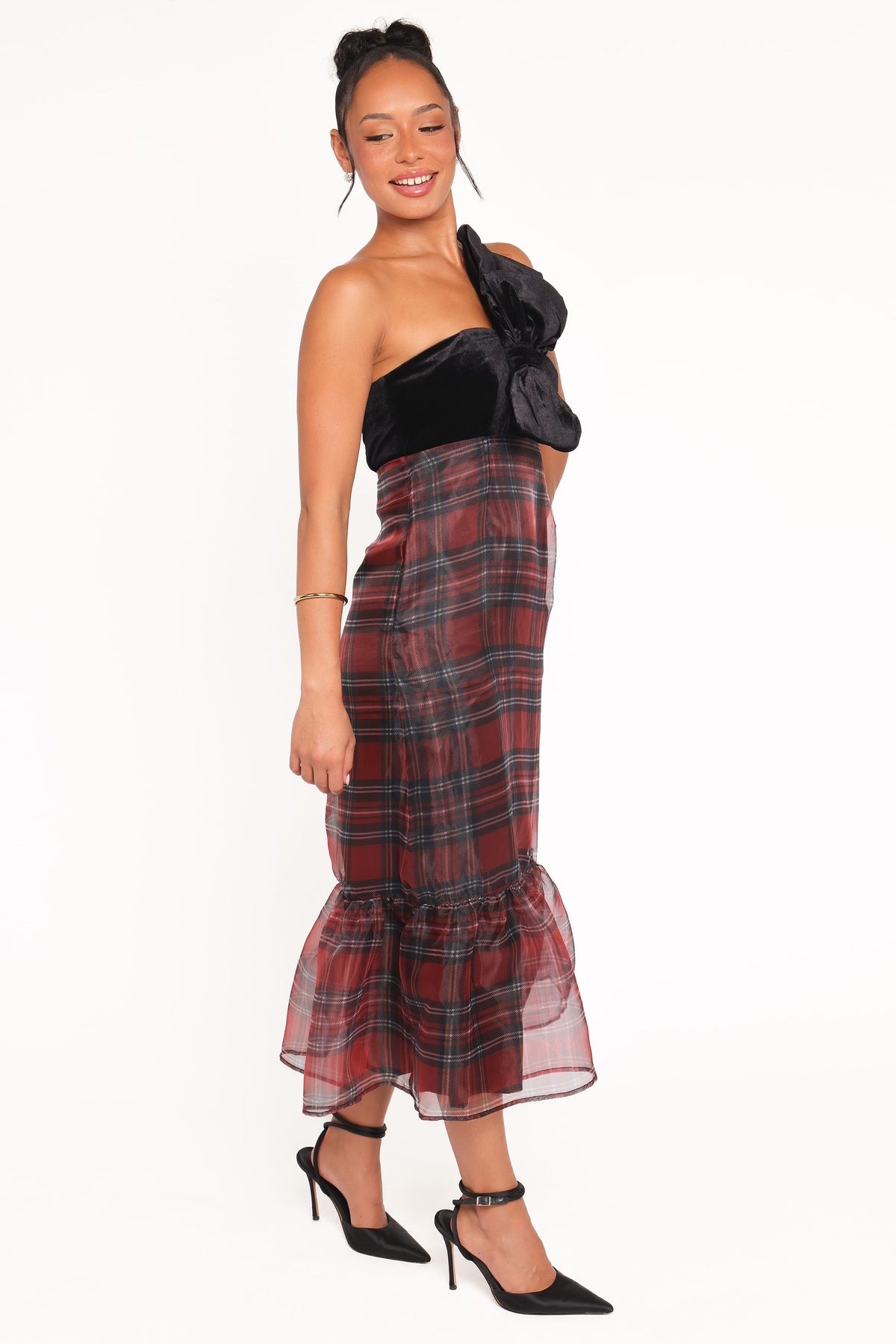 Amelie Bow Front One Shoulder Midi Dress in Red Plaid – view 4 of 7