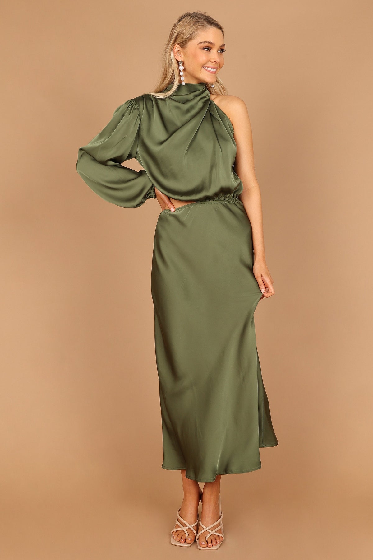 Amelie One Shoulder Midi Dress in Olive – view 6 of 7