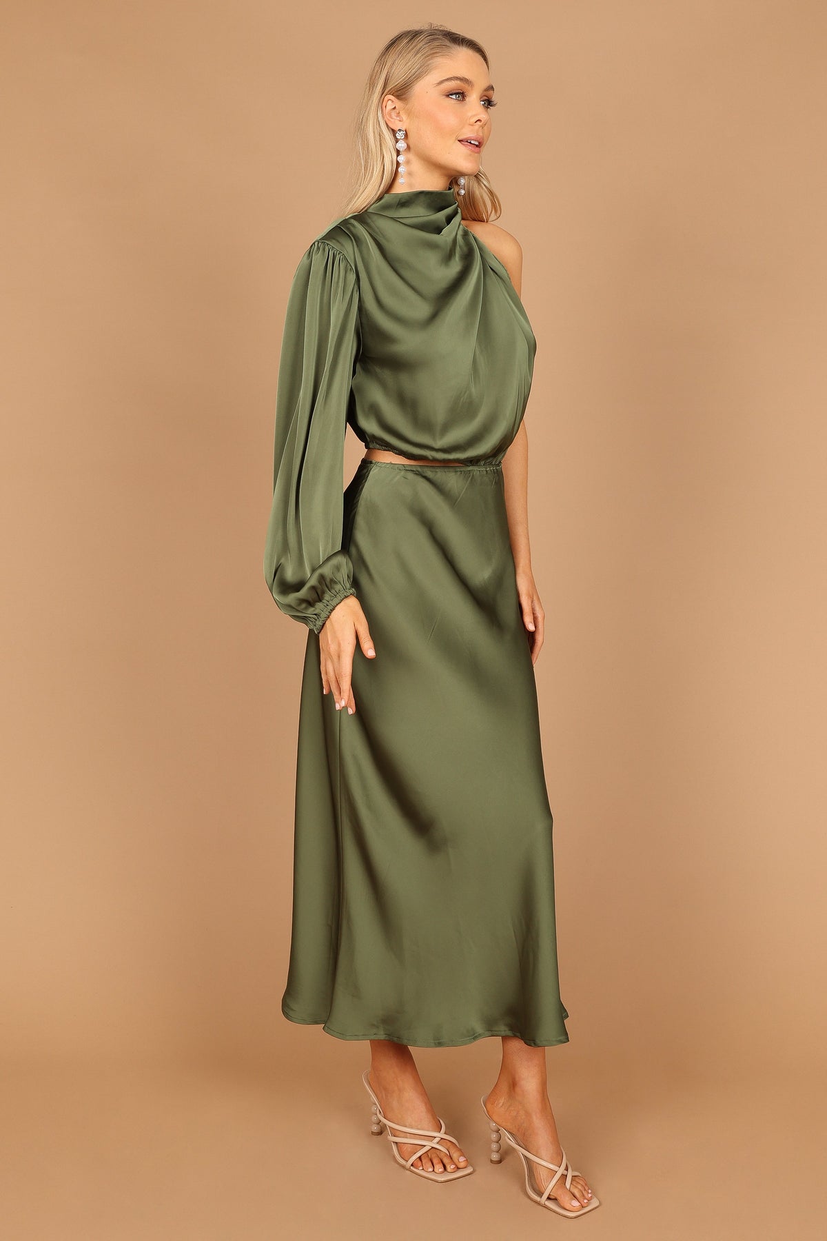 Amelie One Shoulder Midi Dress in Olive – view 1 of 7