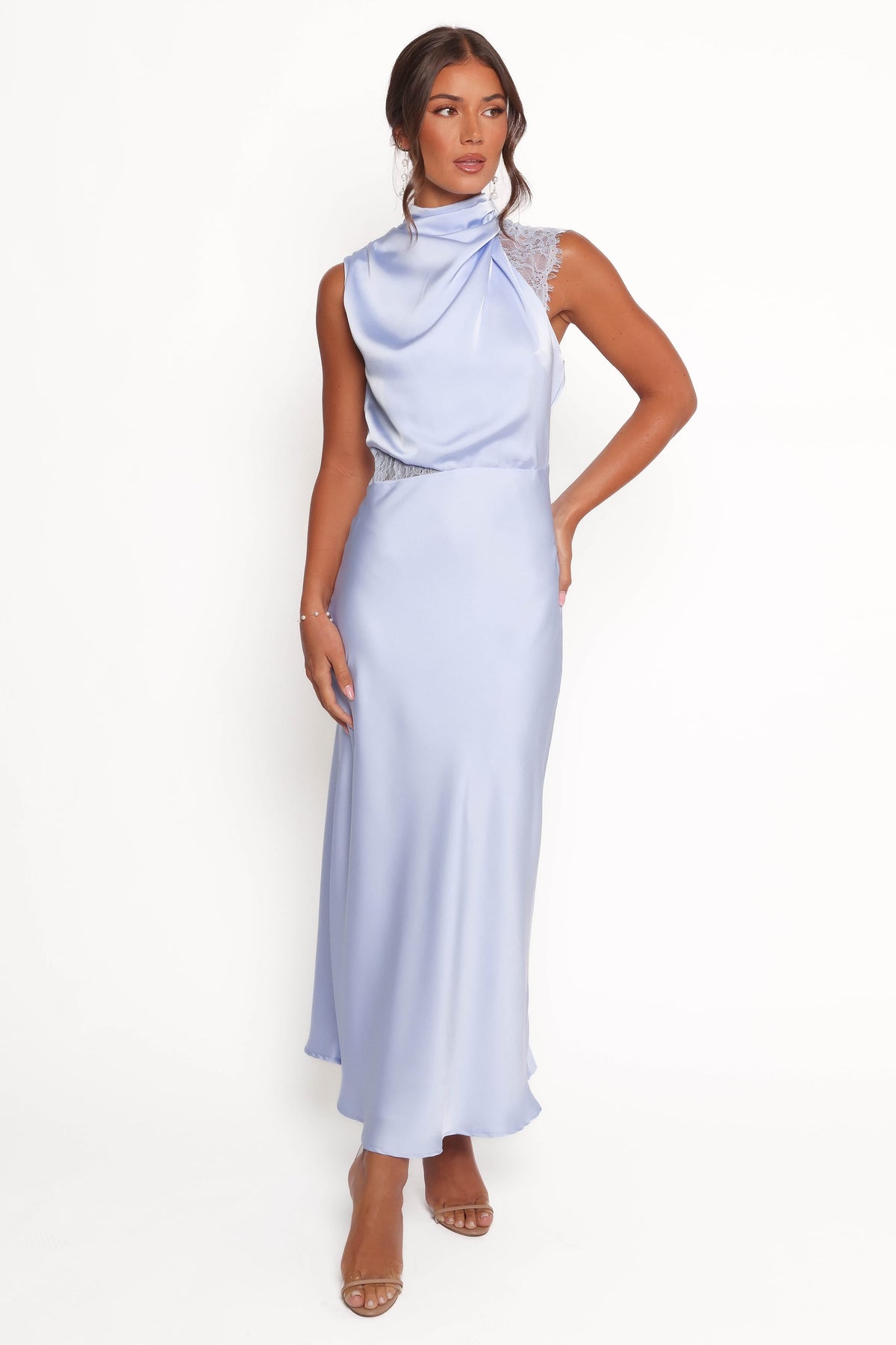 Anabelle Halter Neck Lace Maxi Dress in Baby Blue – view 2 of 9