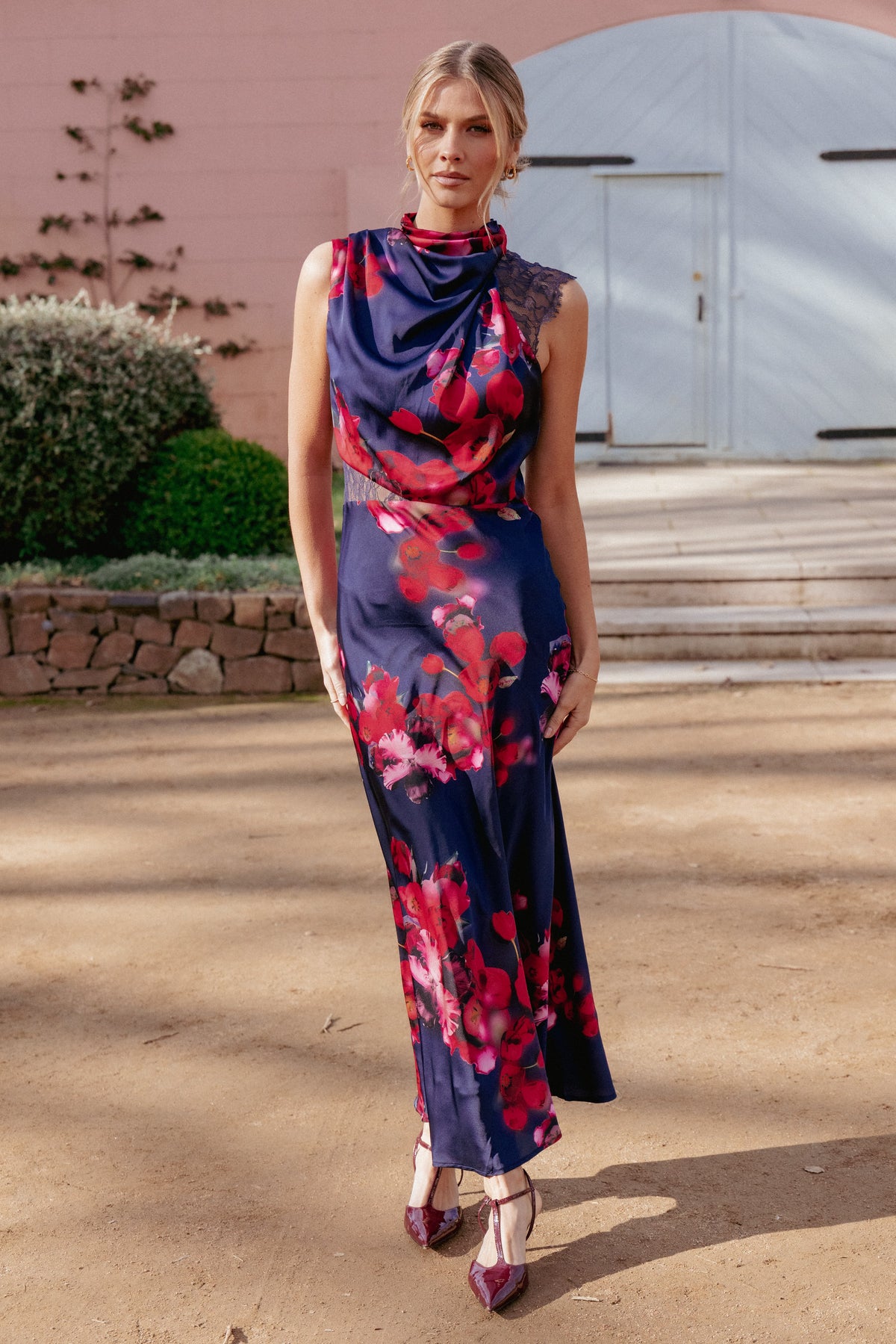 Anabelle Halter Neck Lace Maxi Dress in Navy Floral – view 1 of 7