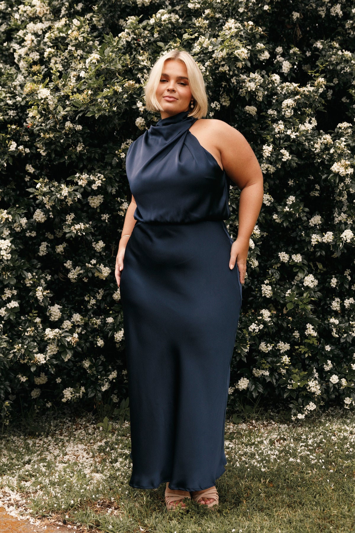 Anabelle Halter Neck Midi Dress in Navy – view 1 of 9