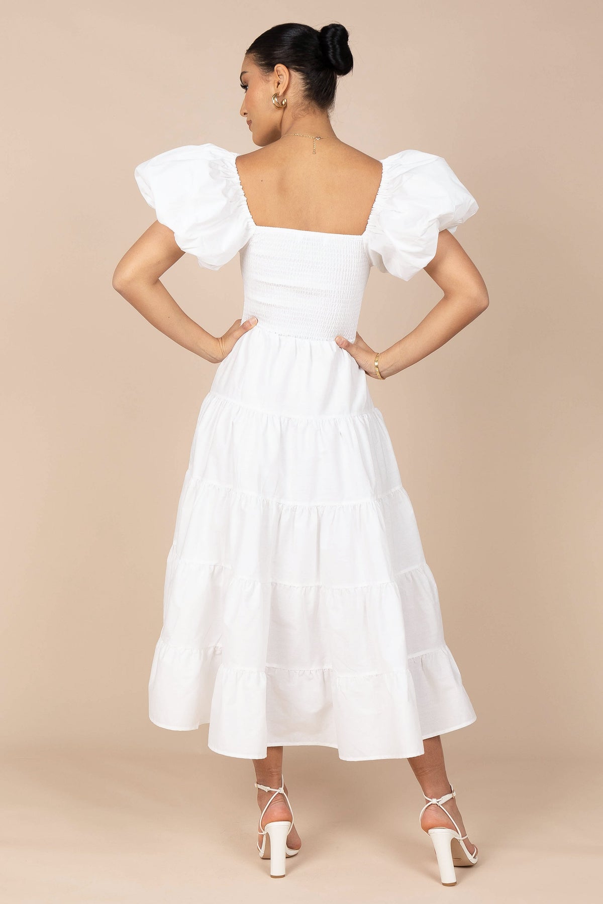 Annette Puff Sleeve Shirred Midi Dress in White – view 5 of 10