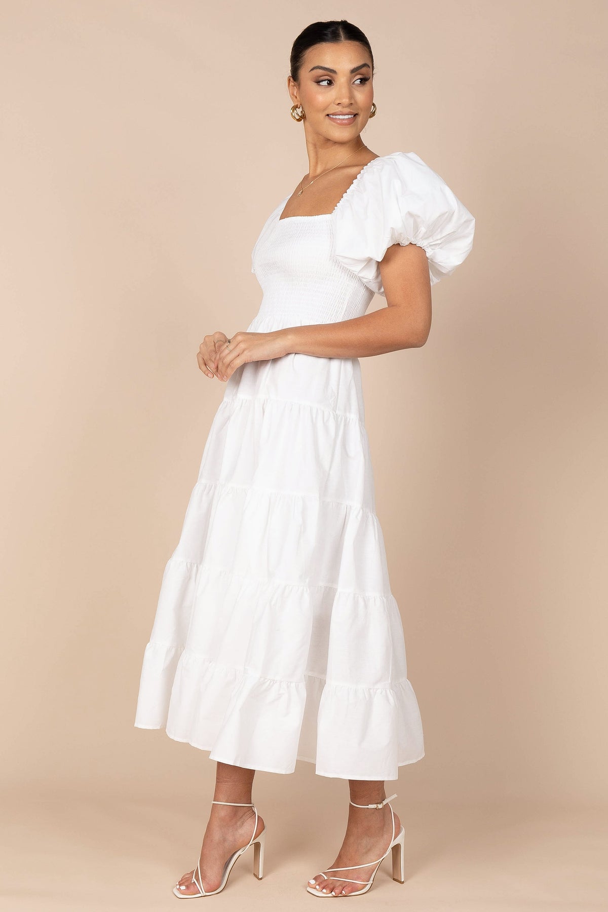 Annette Puff Sleeve Shirred Midi Dress in White – view 4 of 10