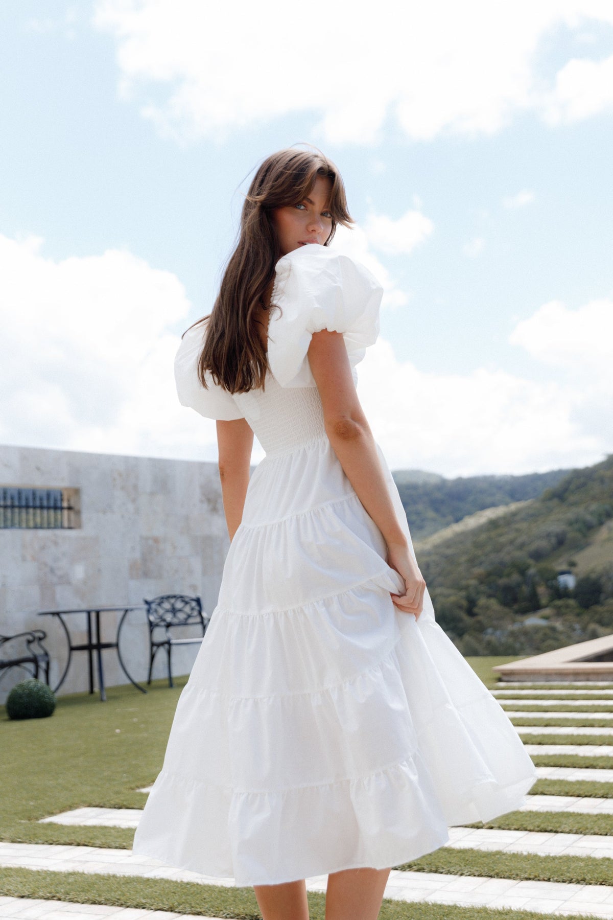 Annette Puff Sleeve Shirred Midi Dress in White – view 10 of 10