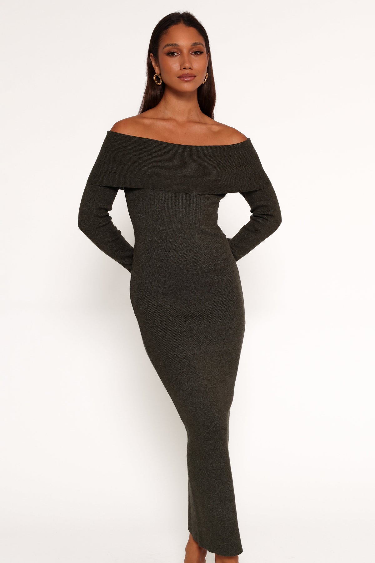 Archie Off The Shoulder Midi Dress in Olive – view 3 of 9