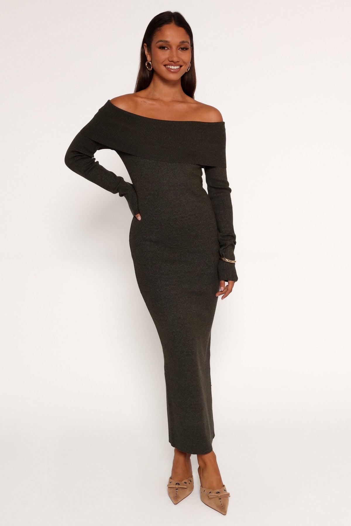 Archie Off The Shoulder Midi Dress in Olive – view 7 of 9
