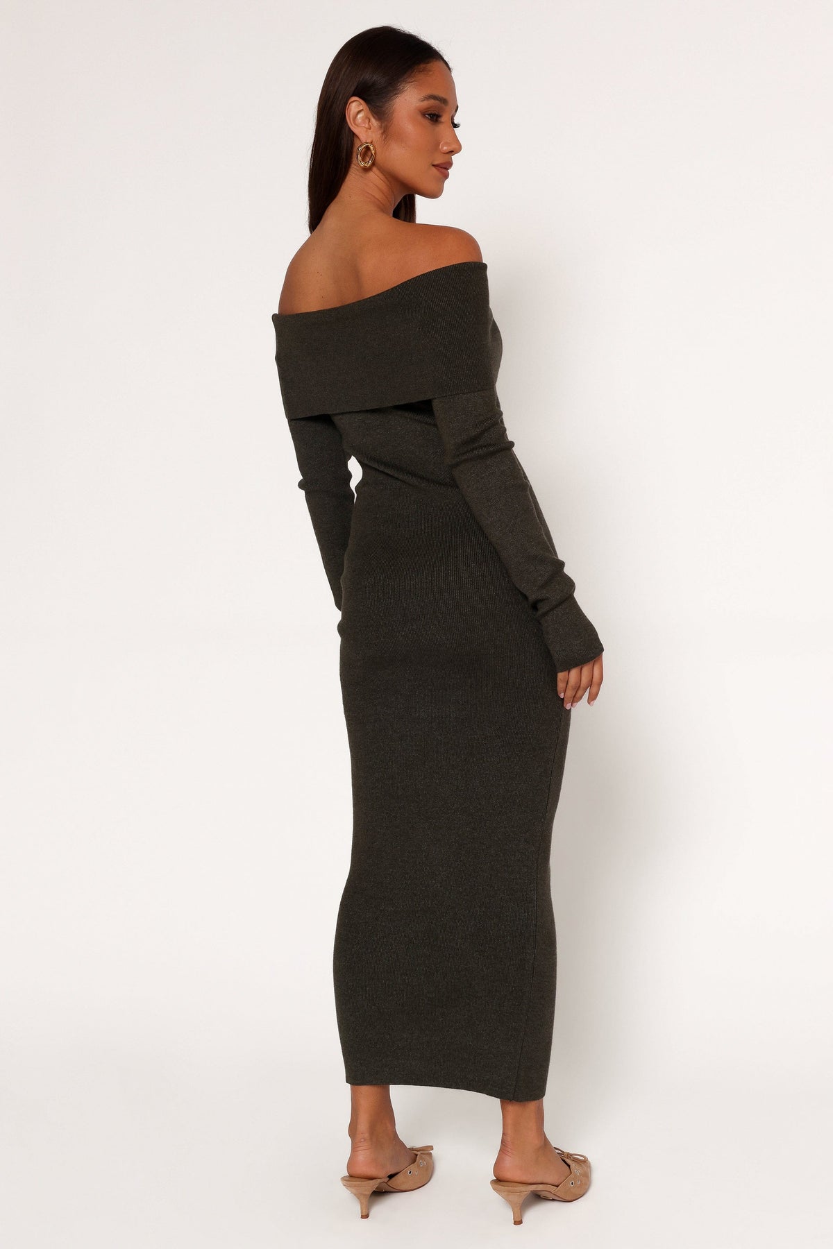 Archie Off The Shoulder Midi Dress in Olive – view 4 of 9