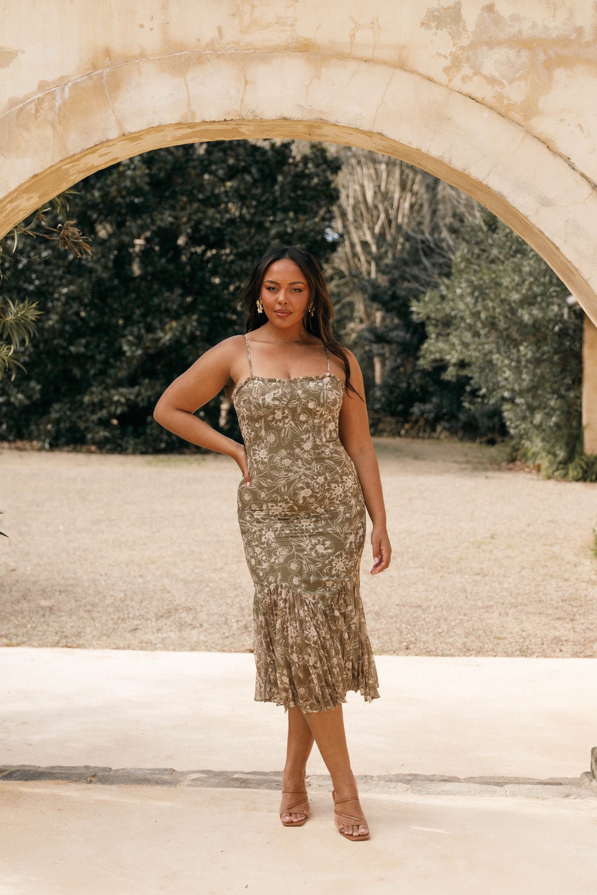 Ashton Midi Dress in Olive Floral – view 3 of 9
