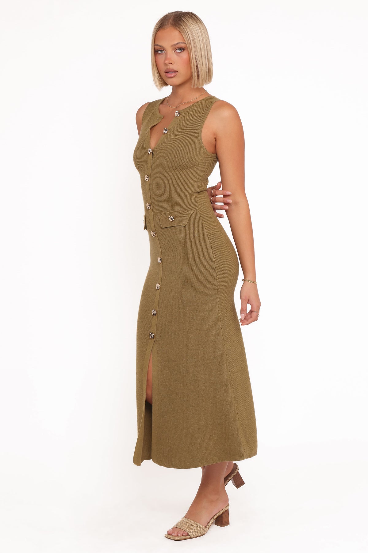 Aspen Button Up Knit Dress in Olive – view 3 of 6