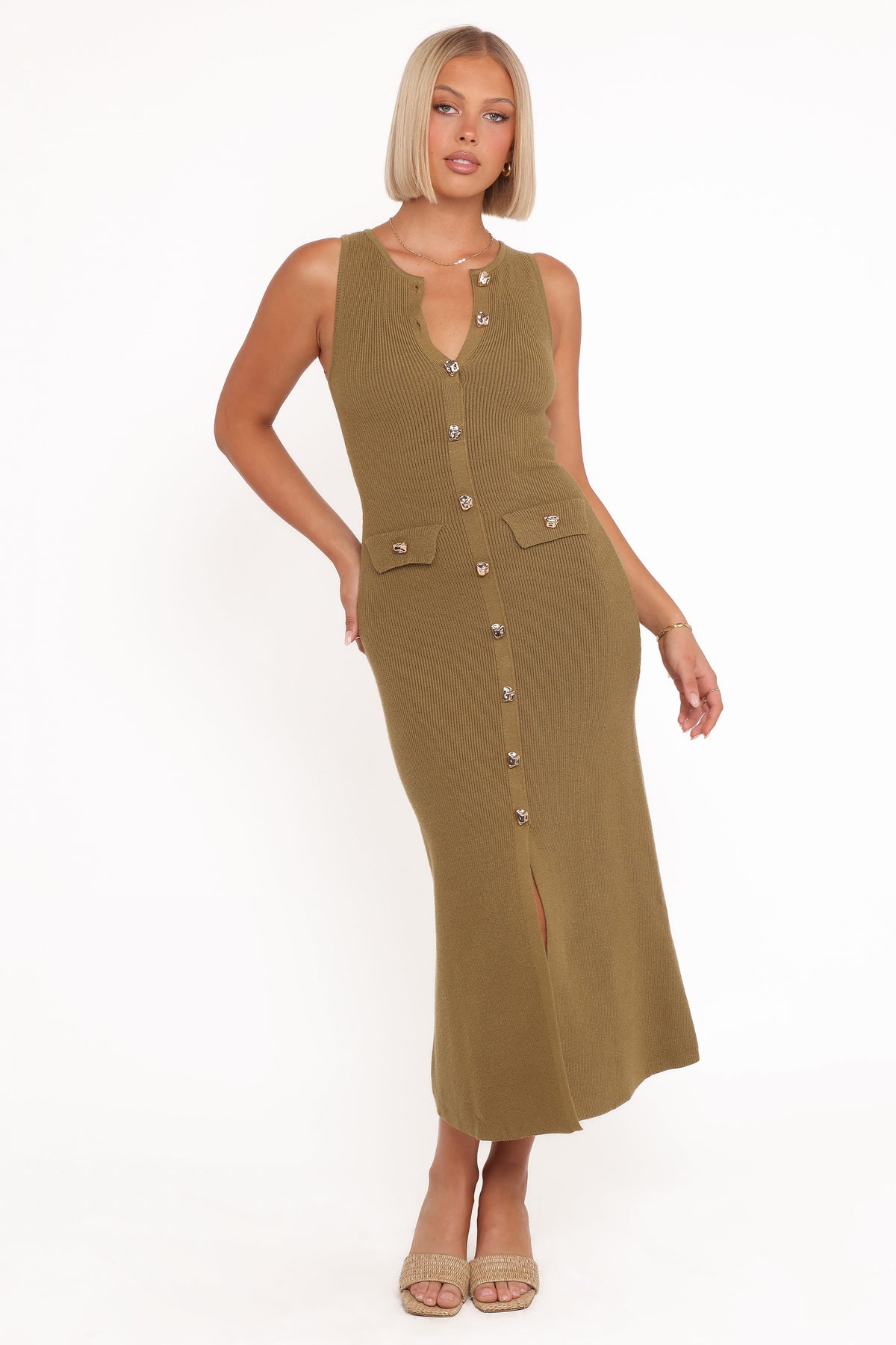 Aspen Button Up Knit Dress in Olive – view 5 of 6