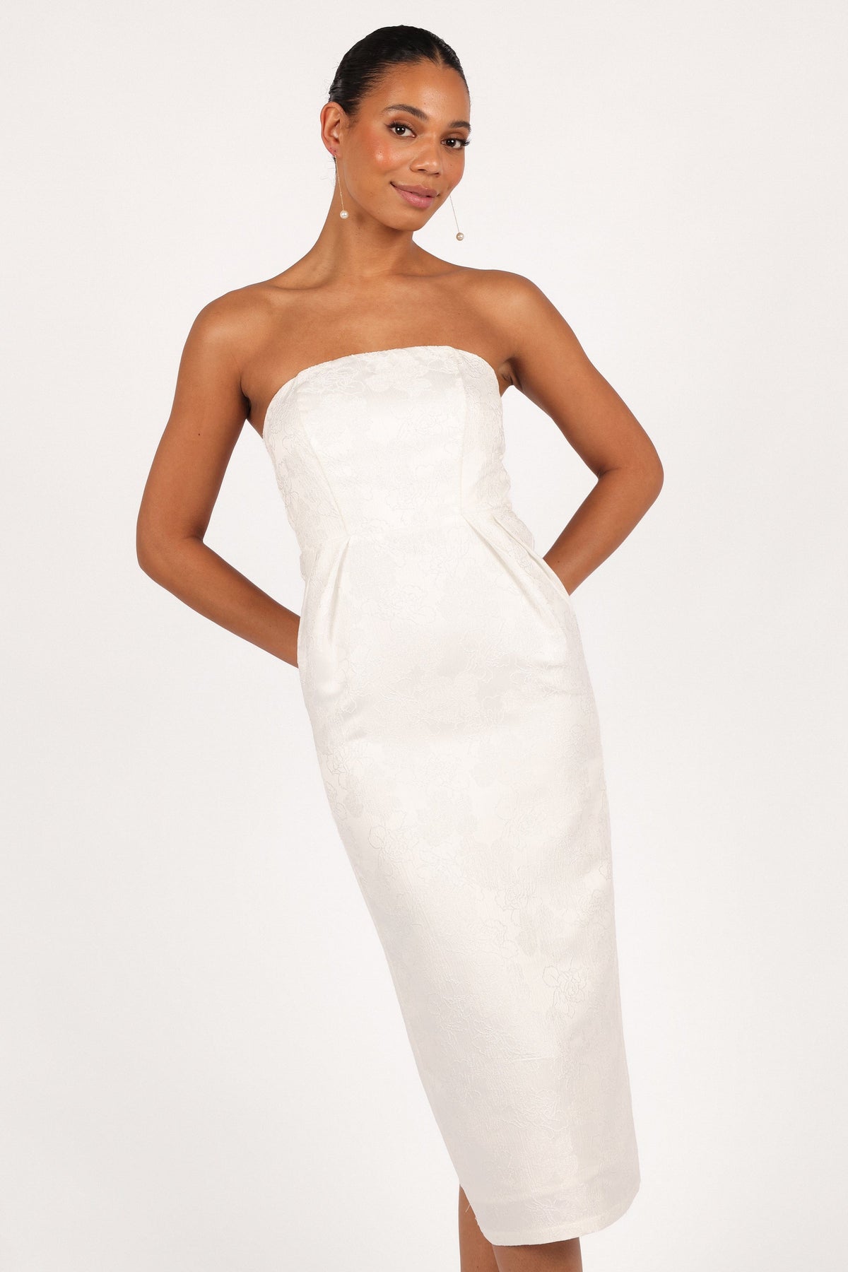 Avah Strapless Midi Dress in White – view 2 of 9