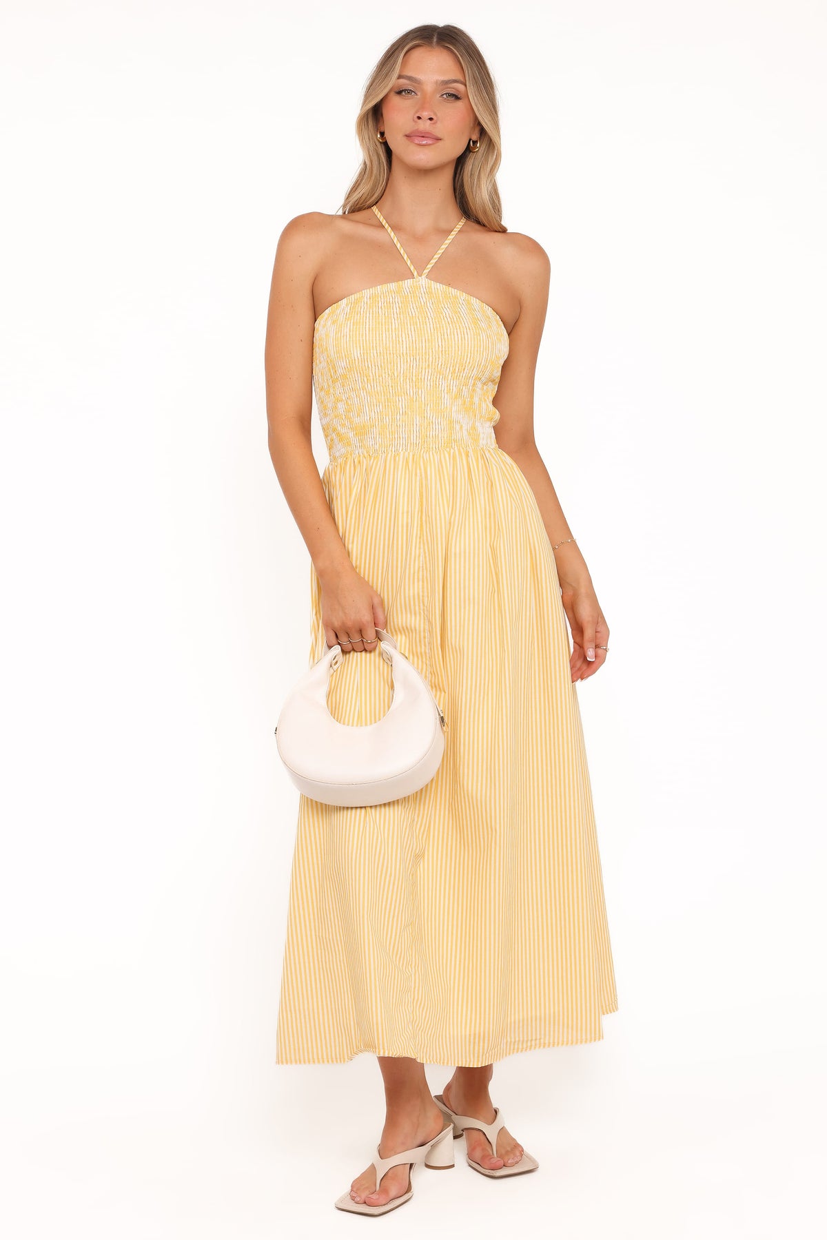Aviva Smocked Midi Dress in Mango Stripe – view 7 of 9