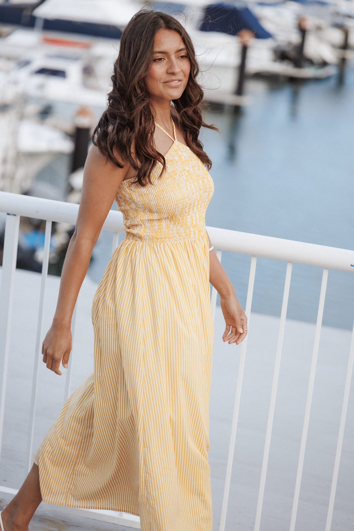 Aviva Smocked Midi Dress in Mango Stripe – view 9 of 9