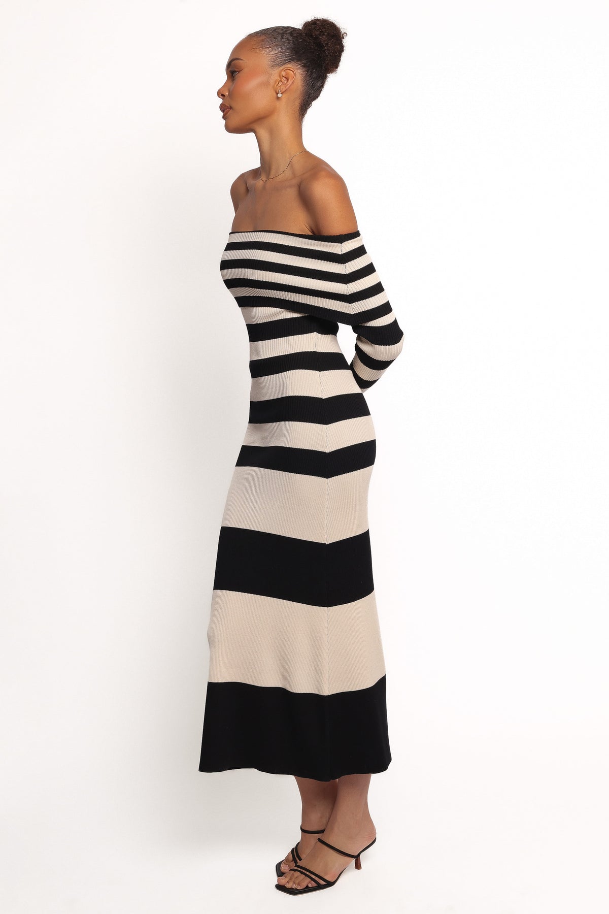 Banks Off Shoulder Knit Dress in Black Cream Stripe – view 5 of 7