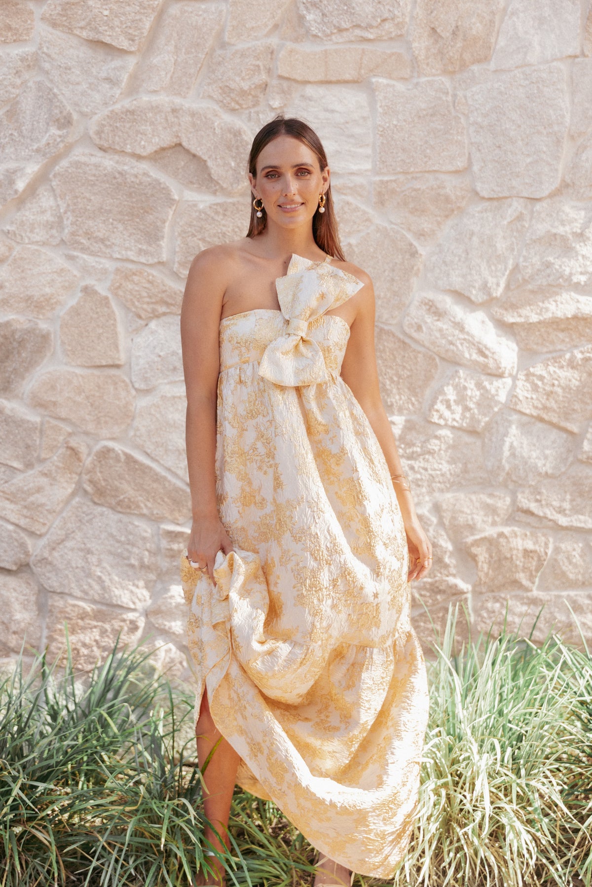 Betina Bow Front Maxi Dress in Yellow Brocade – view 7 of 7