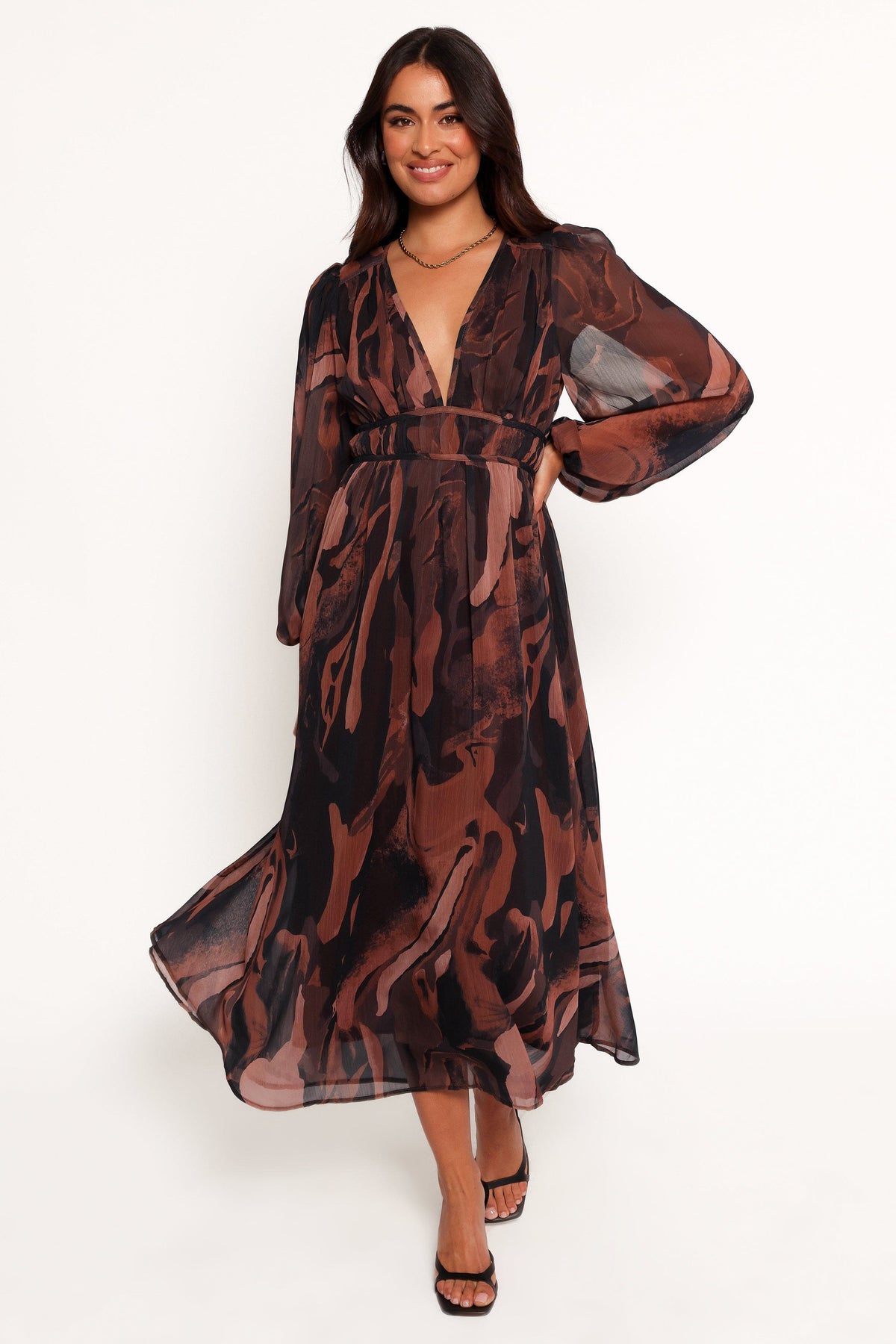 Blayze Long Sleeve Maxi Dress in Brown Print – view 3 of 6