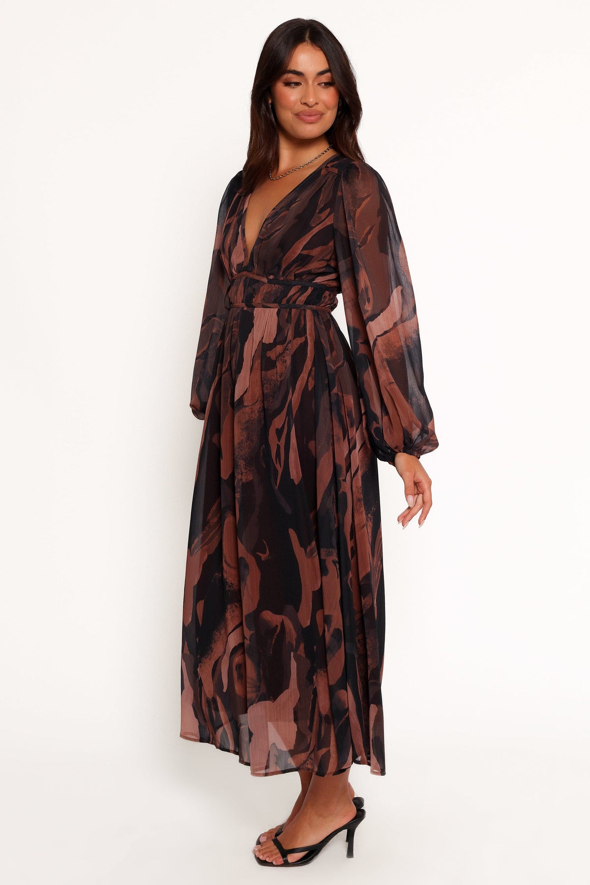 Blayze Long Sleeve Maxi Dress in Brown Print – view 1 of 6
