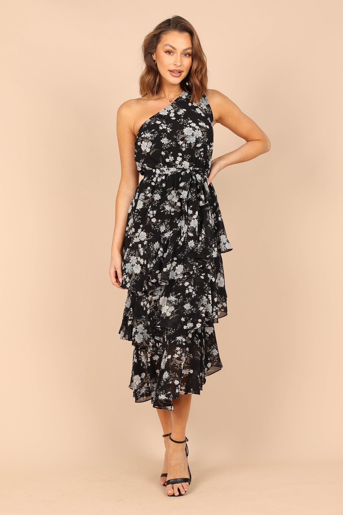 Brigette One Shoulder Tiered Midi Dress in Black Floral – view 5 of 6