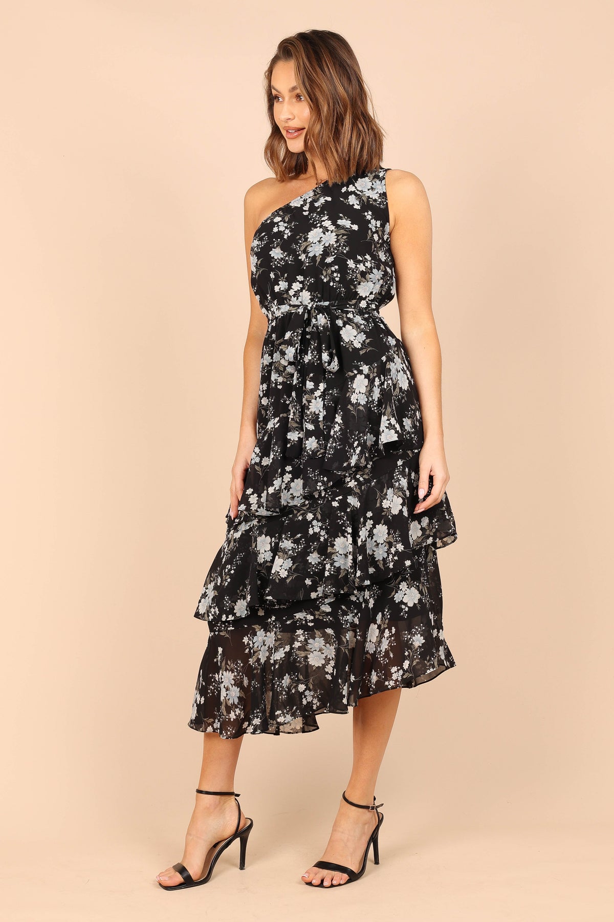 Brigette One Shoulder Tiered Midi Dress in Black Floral – view 6 of 6