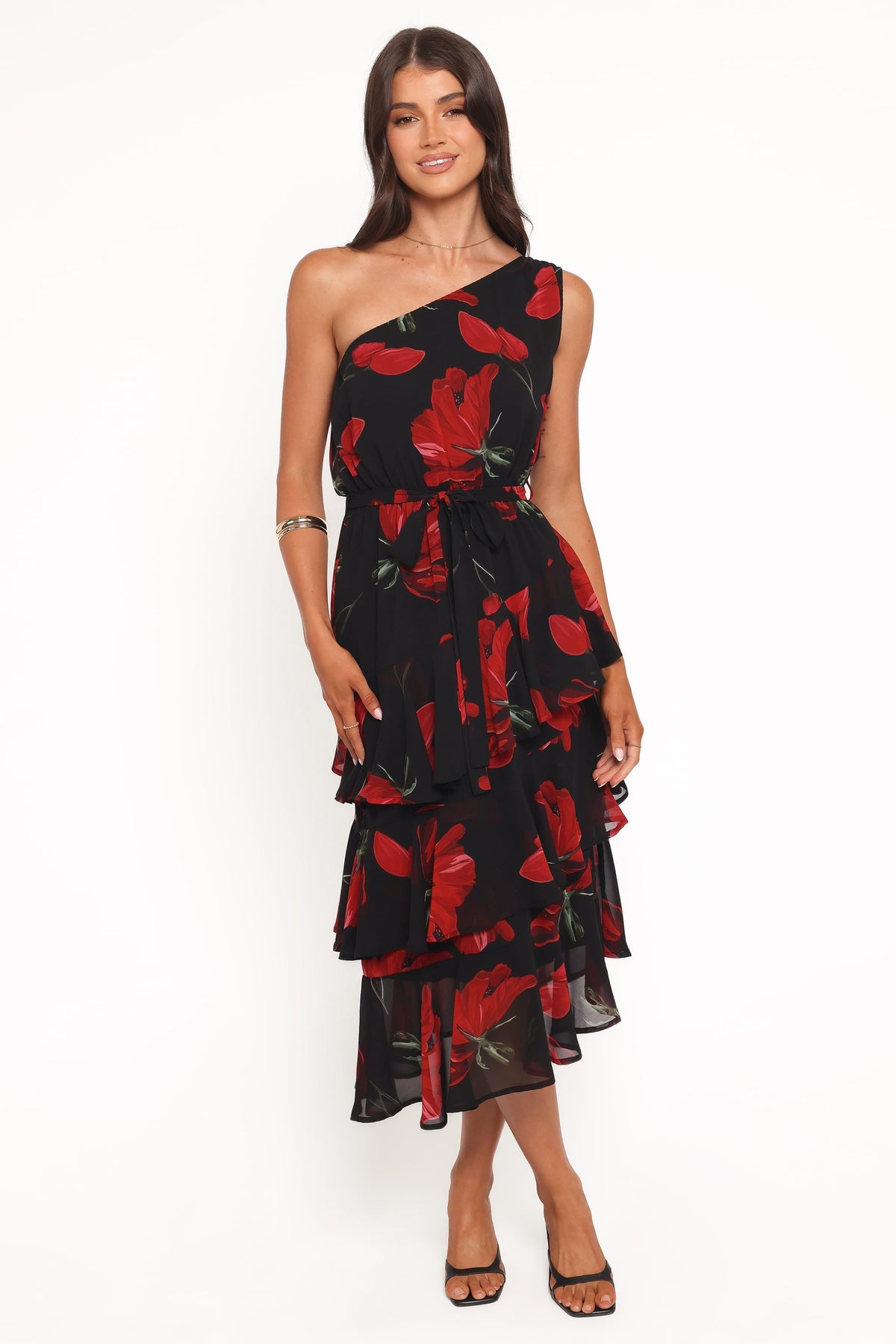 Brigette One Shoulder Tiered Midi Dress in Red Floral – view 5 of 6