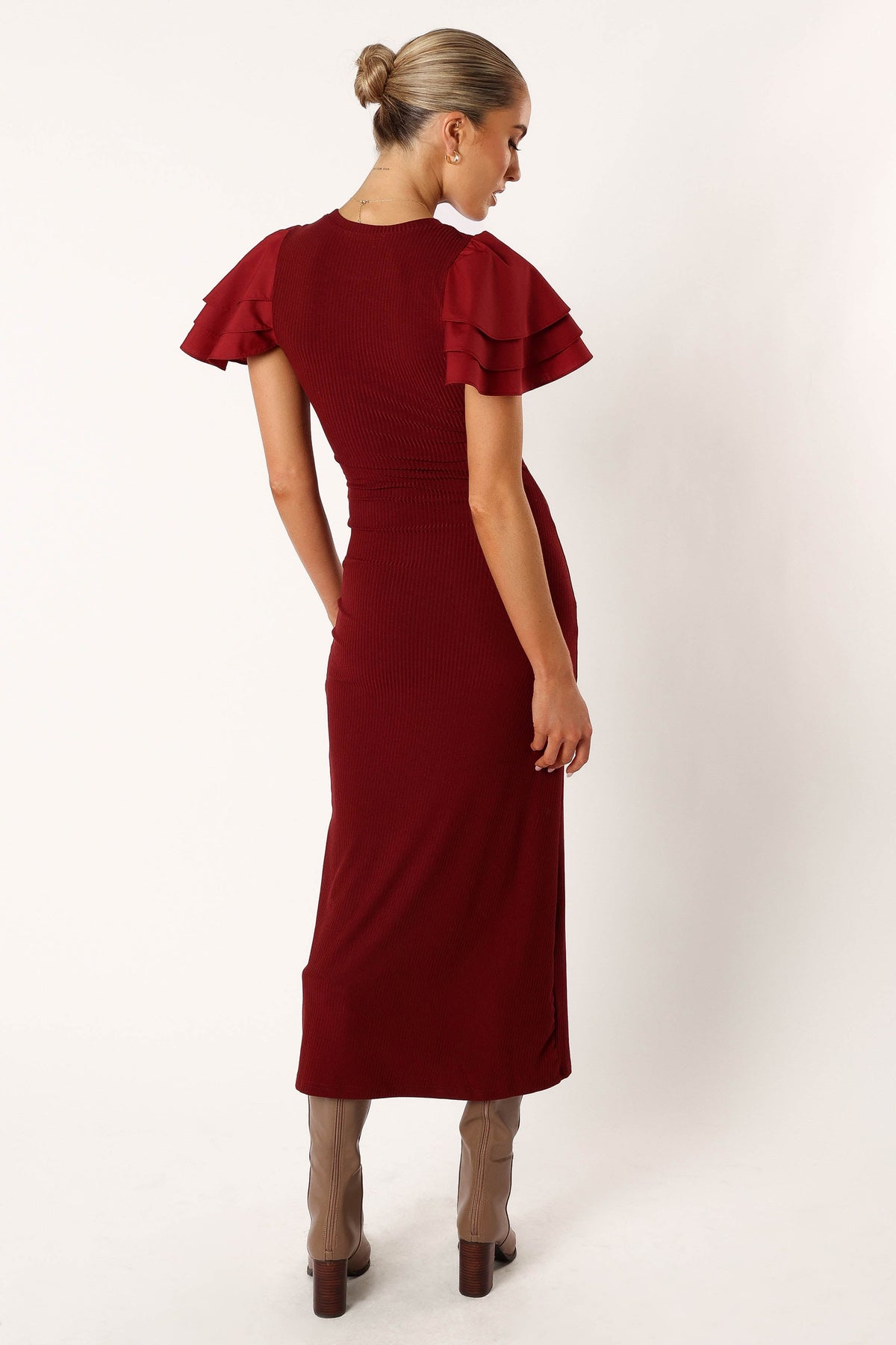 Cally Ruffle Sleeve Midi Dress in Wine – view 5 of 10