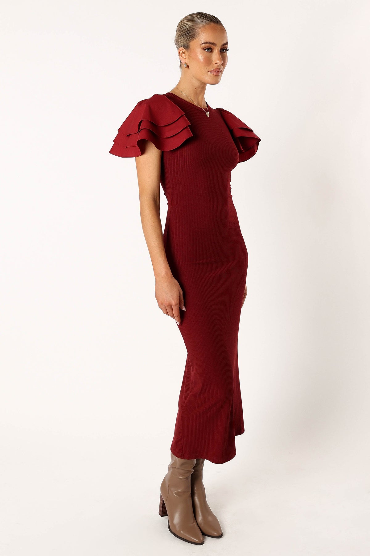 Cally Ruffle Sleeve Midi Dress in Wine – view 7 of 10