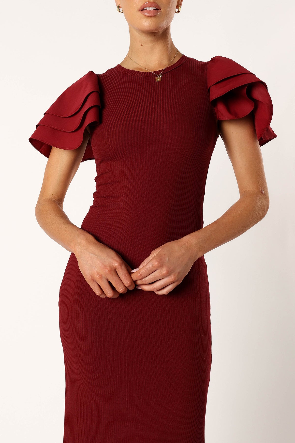 Cally Ruffle Sleeve Midi Dress in Wine – view 8 of 10