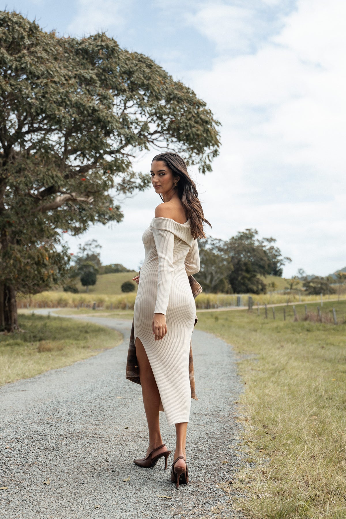 Cammie Long Sleeve Midi Dress in Beige – view 11 of 11
