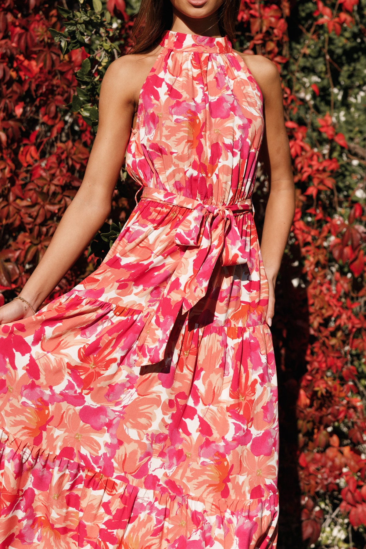 Caroline Maxi Halter Dress in Red Orange – view 2 of 12
