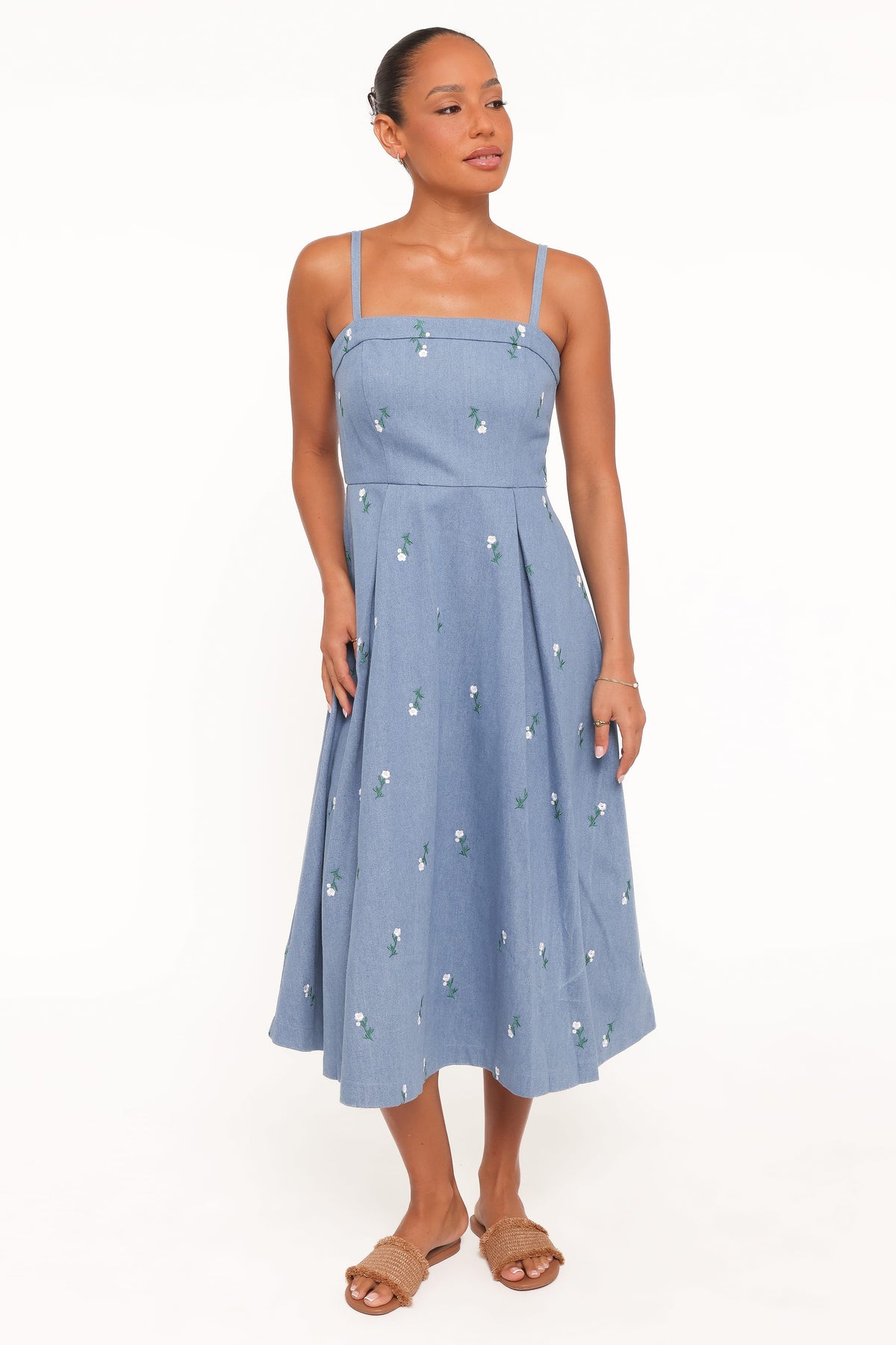 Chelsea Embroidered Midi Dress in Med Denim – view 1 of 6